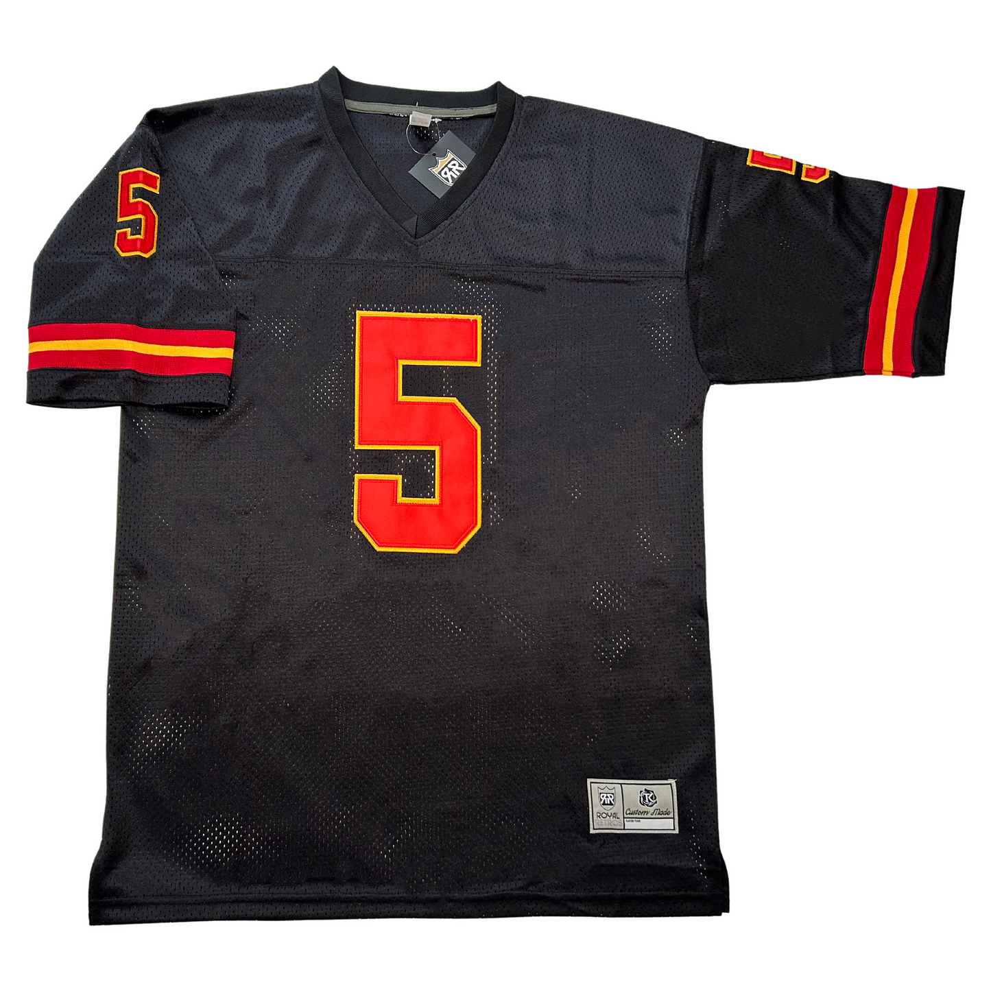 Kansas City Chiefs football jersey. Black. Red, gold, and red bands just above sleeve ends. #5 red with gold trim, large on chest, small on shoulders. Royal Retros