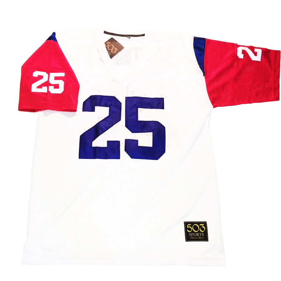Montreal Football Jersey white with red sleeves with blue near shoulders, . White #25 on sleeves blue #25 on chest Royal Retros
