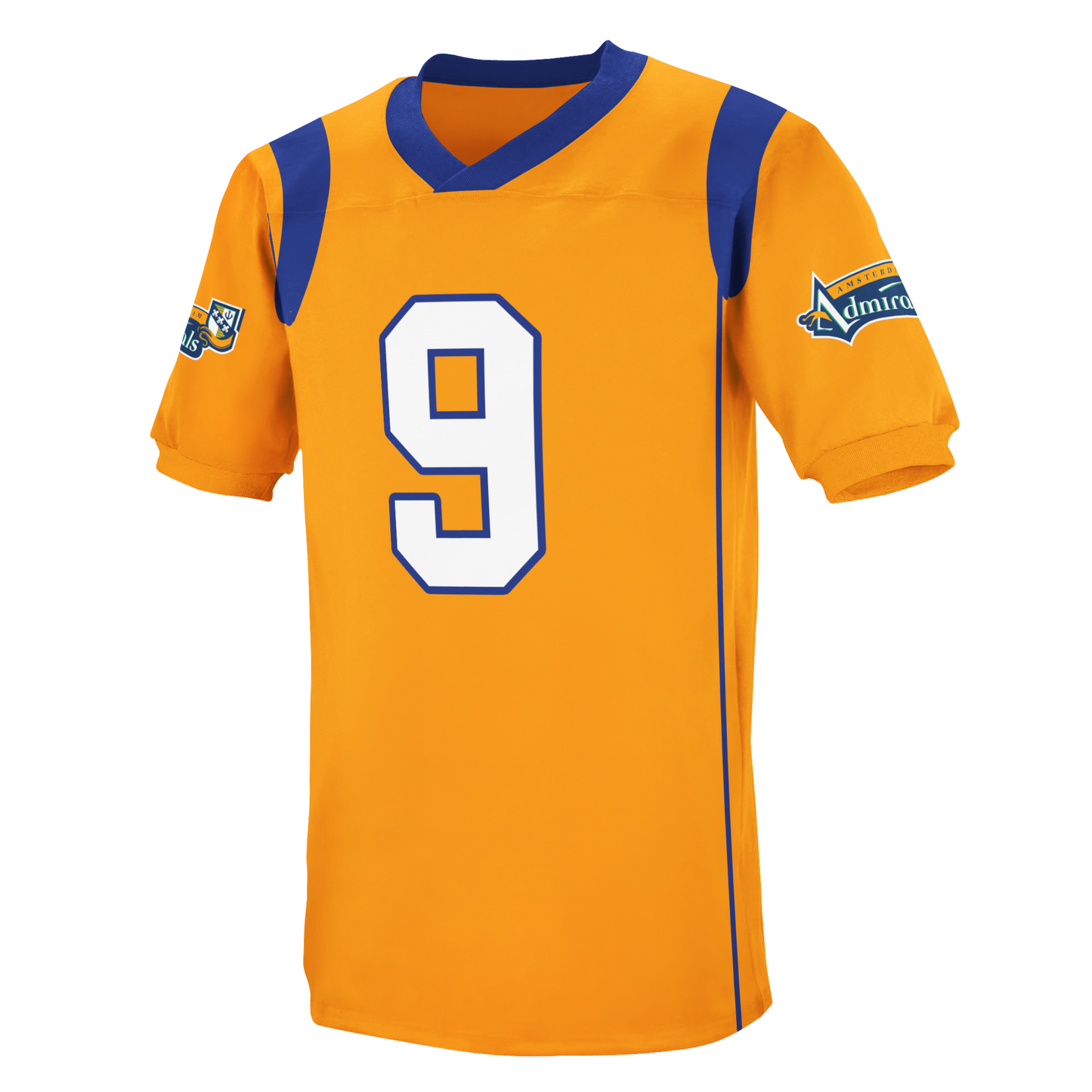 Amsterdam Admirals Jersey gold with white #9 and blue trim Royal Retros