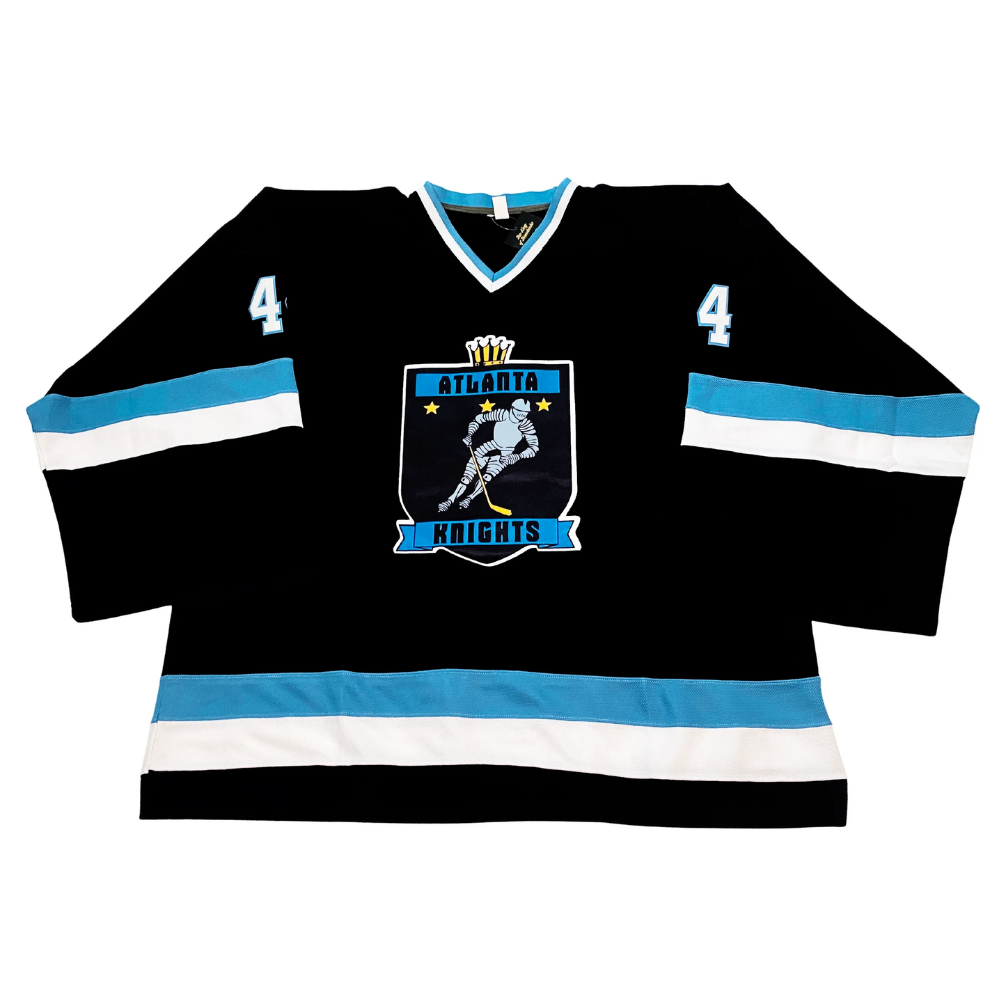 Atlanta Knights Jersey black. Blue, white, and black bands on lower sleeves and waist. Knights logo, black, with silver skating knight. Atlanta in black on blue banner above, Knights on blue banner below. #4 in white with blue trim on shoulders. Royal Retros