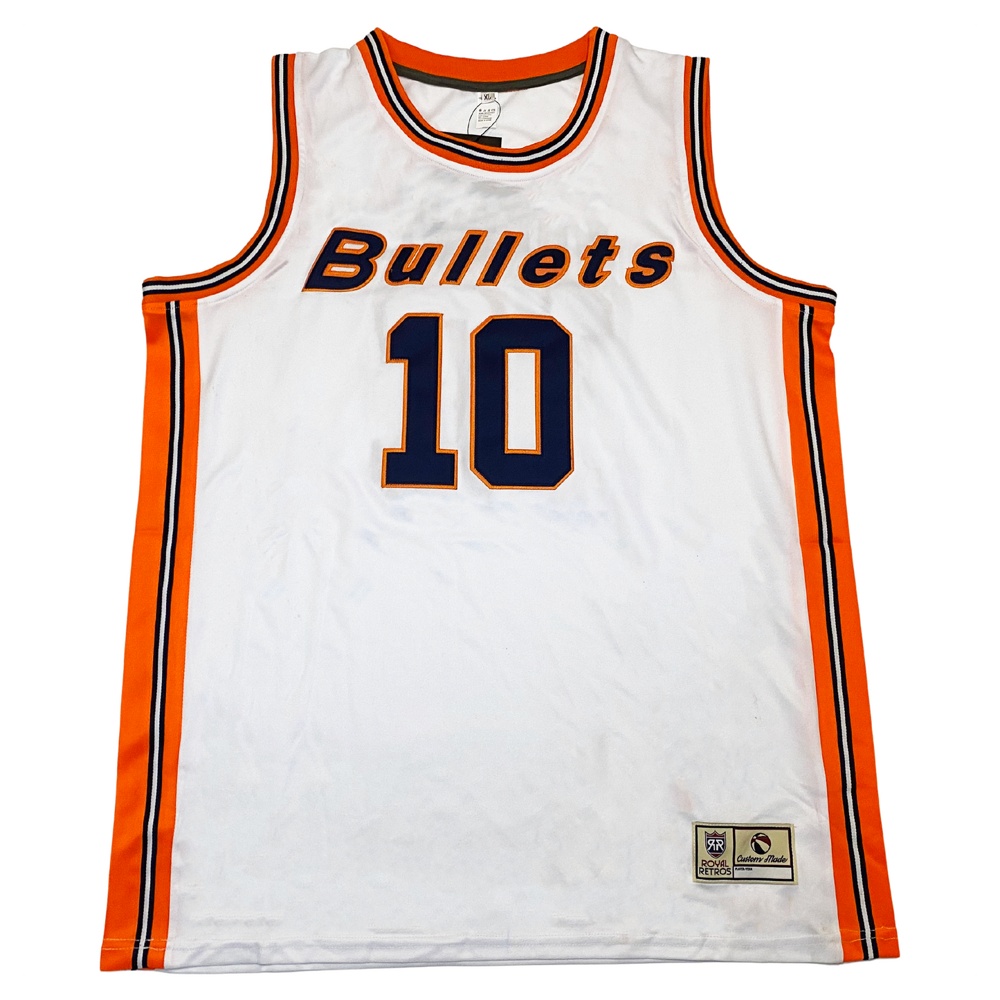 Baltimore Bullets Jersey #10 white with orange white and blue trim around neck, shoulders, and down side. Bullets across chest in blue with orange trim. #10 below in blue with orange trim. front Royal Retros