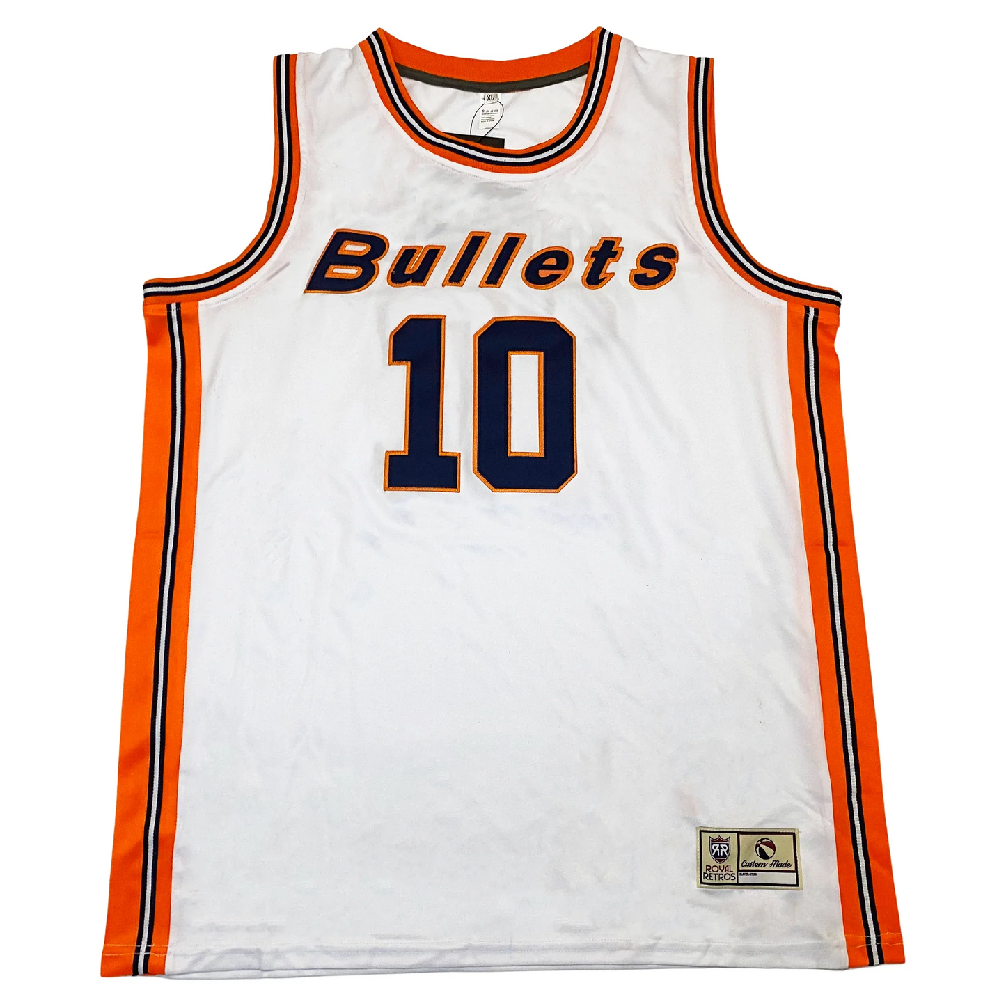 Baltimore Bullets Jersey #10 white with orange white and blue trim around neck, shoulders, and down side. Bullets across chest in blue with orange trim. #10 below in blue with orange trim. front Royal Retros