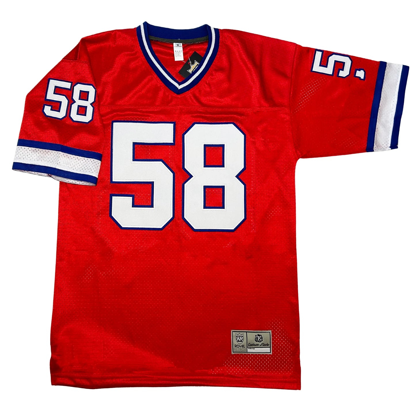 Buffalo Bills red jersey. Blue, white, and blue bands on neck and sleeve ends. #58 in white with blue trim, large in chest small on shoulders. Royal Retros.