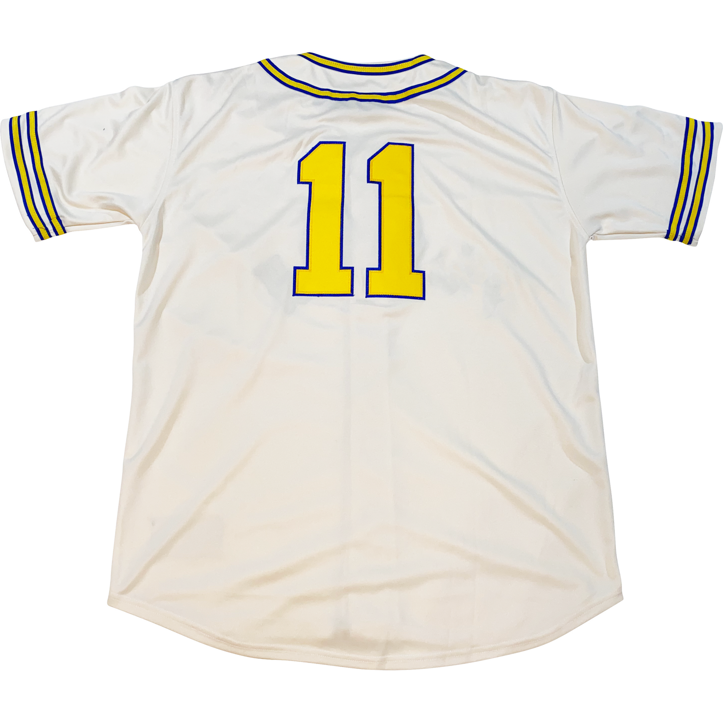 Boston Bees cream button-up jersey with two blue gold, and blue stripes around sleeve ends and neck. #11 in gold with blue trim on back center. Royal Retros