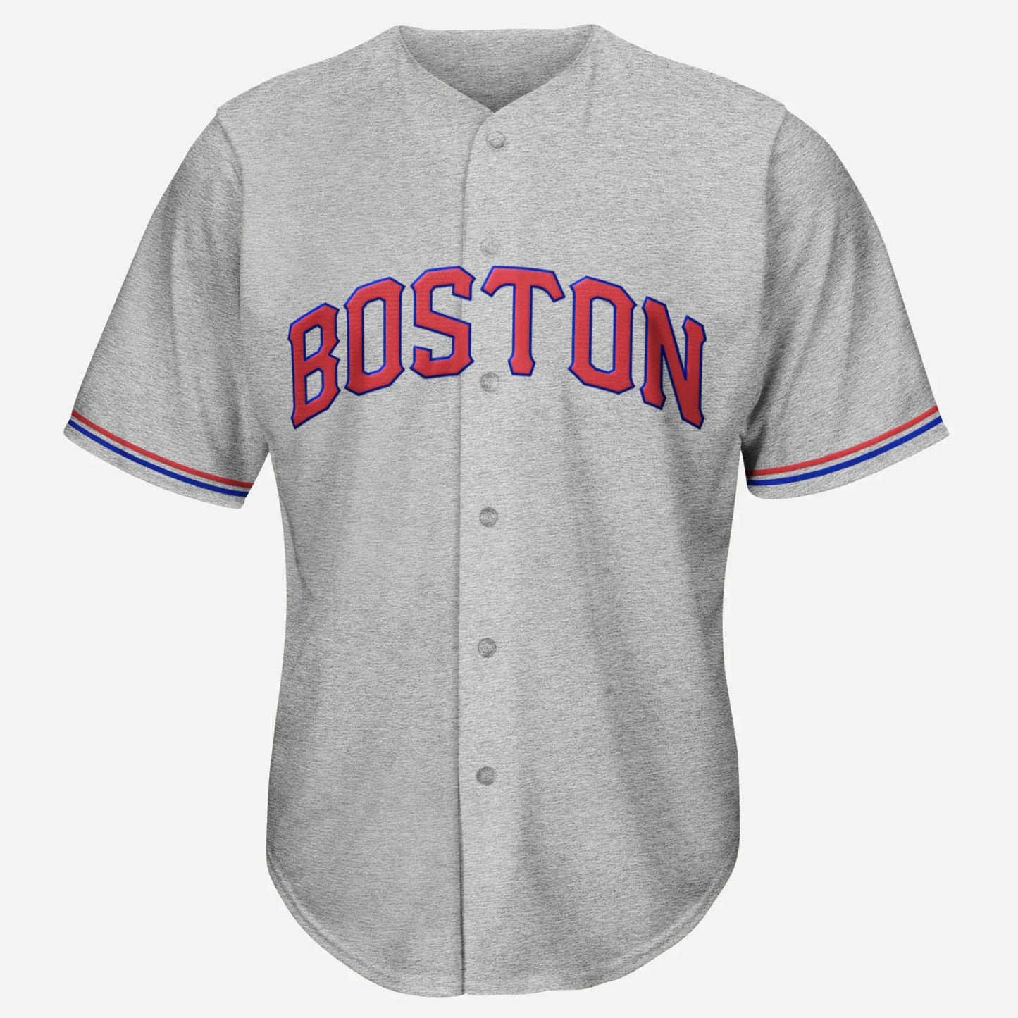 1939 Boston road gray jersey. red and blue stripes around sleeve ends. Boston in red block letters trimmed in blue arched across chest. Royal Retros.