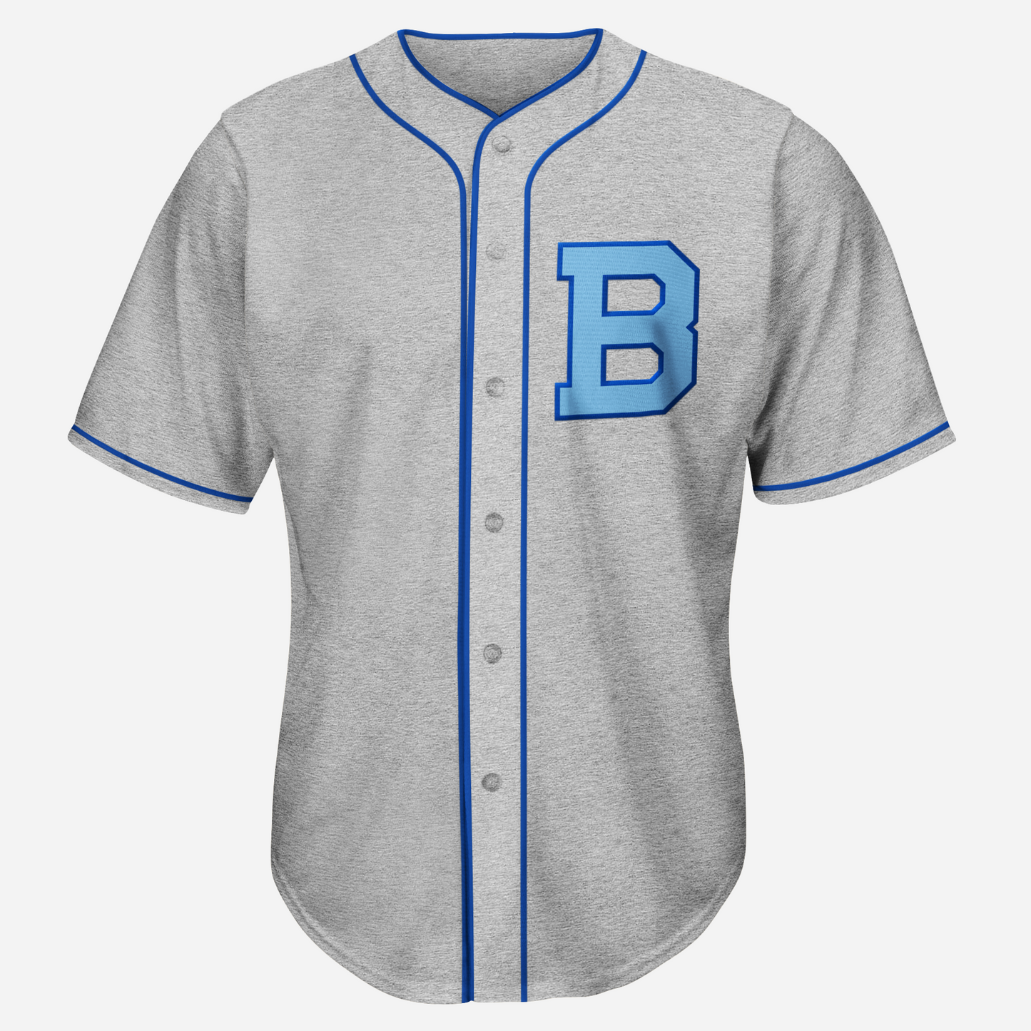 1931 Brooklyn Robins Jersey pepper gray. Blue trim on sleeve ends. Blue piping around neck and down front. Light blue B with dark blue trim on upper left chest. Royal Retros