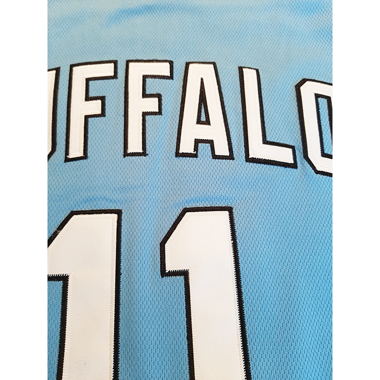 Buffalo Basketball Jersey close-up blue #11 in white on light blue Royal Retros