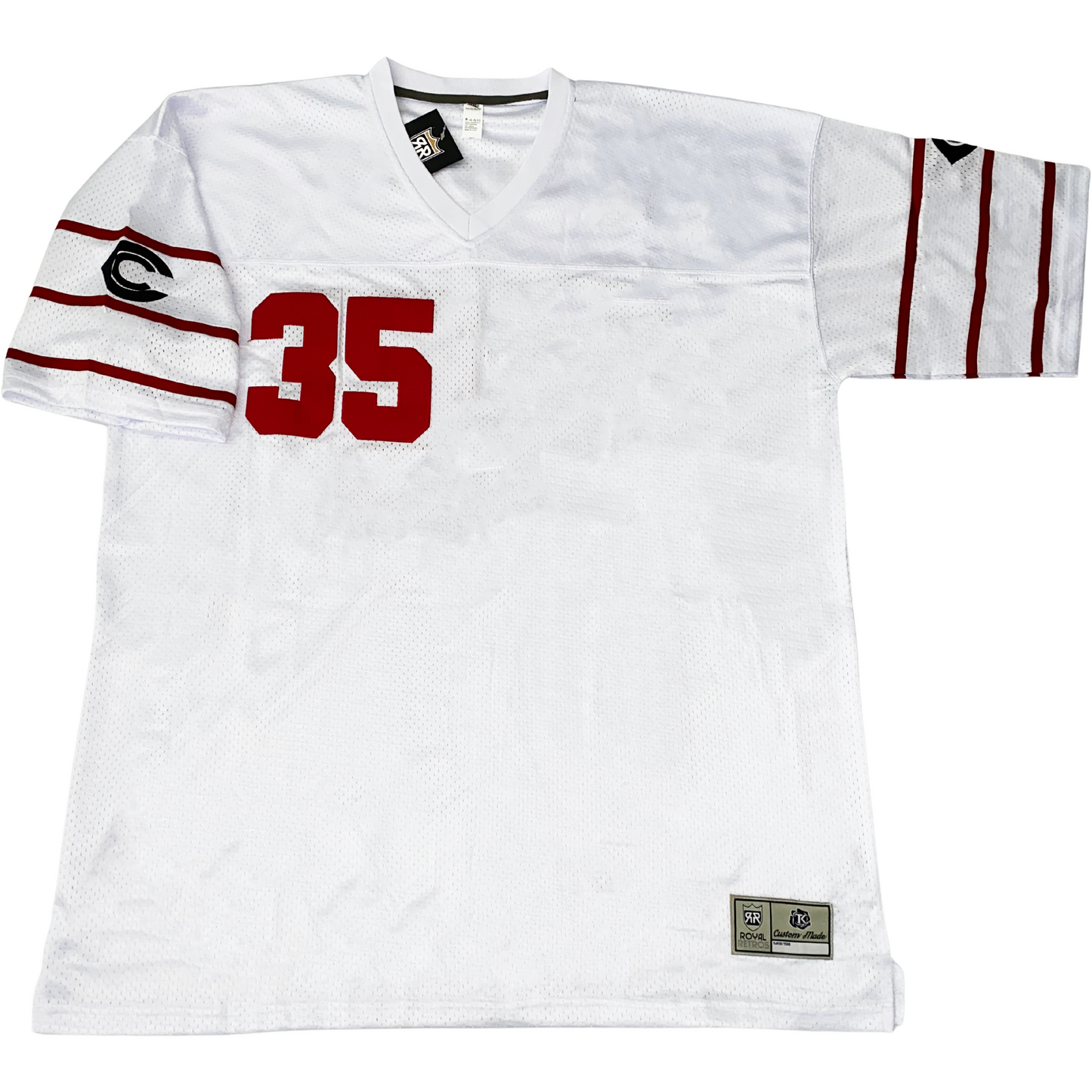 Chicago Cardinals Jersey white with three red bands on sleeves. C inside C between first and second band. #35 in red on left chest. Royal Retros