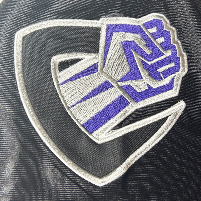 Chicago Enforcers XFL Jersey close-up logo which is a C with a silver and purple fist emerging from the letter. Royal Retros