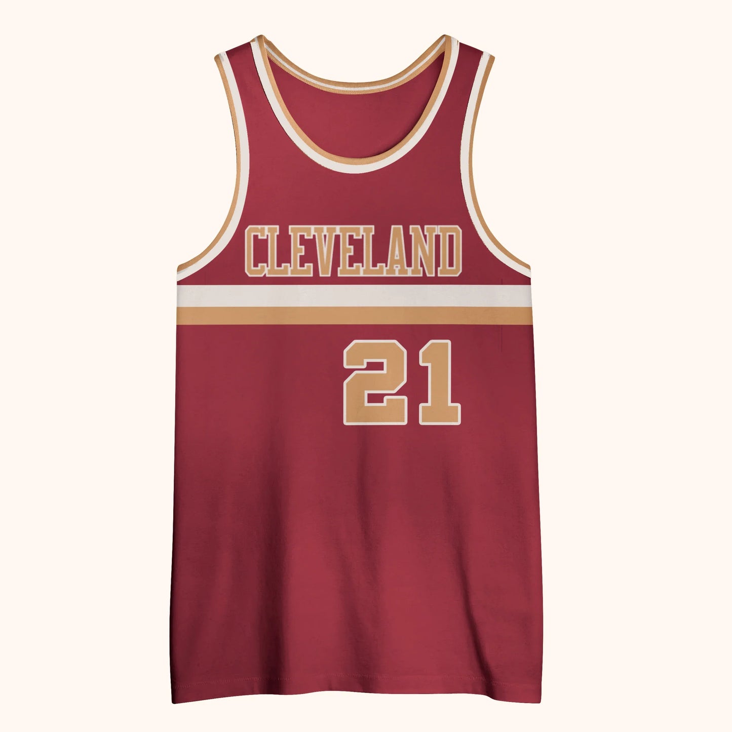Cleveland Basketball Jersey wine and gold. Wine/burgundy jersey. Gold and white trim on shoulders and neck. Cleveland across chest in gold with white trim. White and gold band below. #21 below right in gold with white trim. Royal Retros