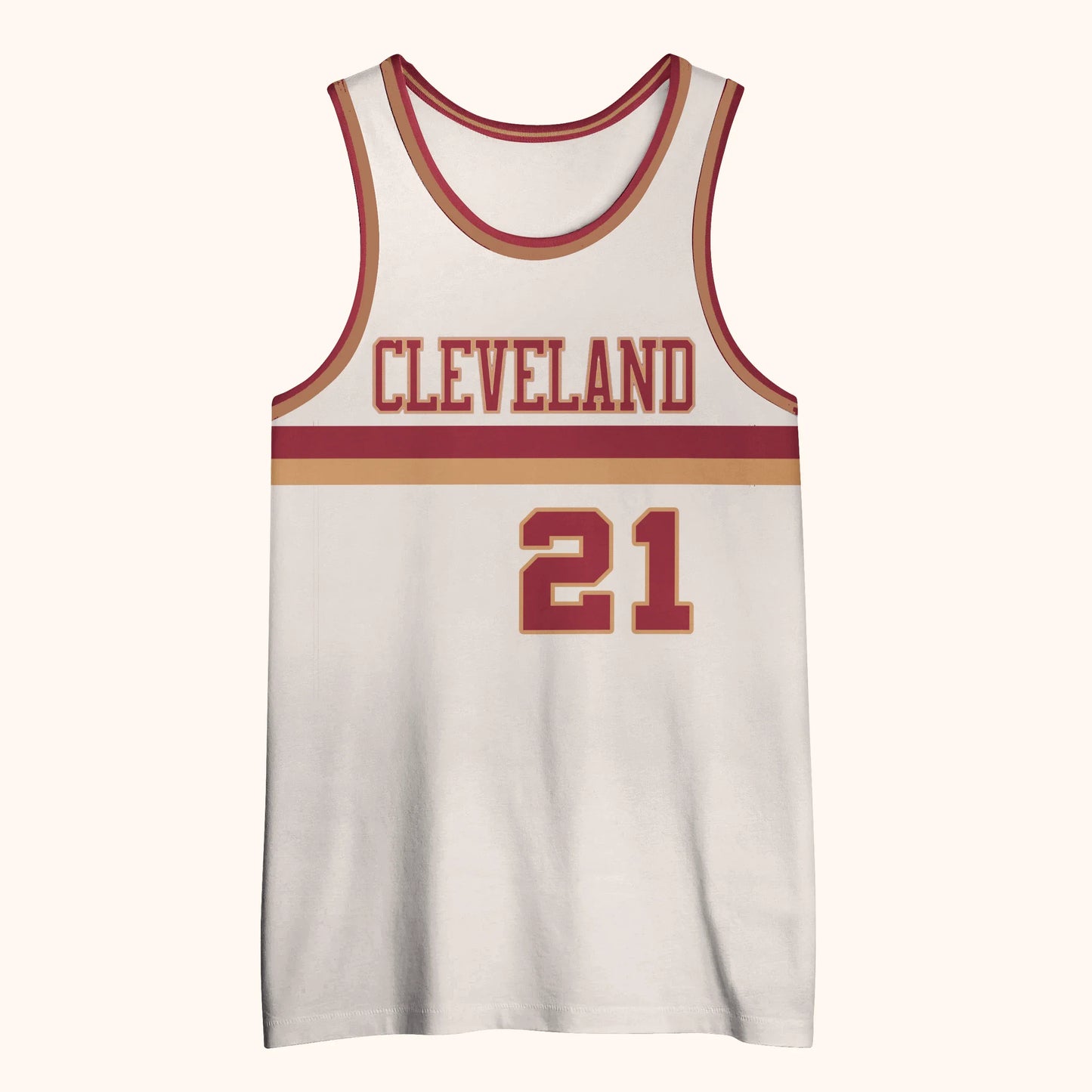 Cleveland Basketball Jersey wine & gold. White jersey. Wine/burgundy and gold trim on shoulders and neck. Cleveland in wine/burgundy across chest with gold trim. Wine/burgundy and gold band below. #21 in wine/burgundy with gold trim below right. Royal Retros