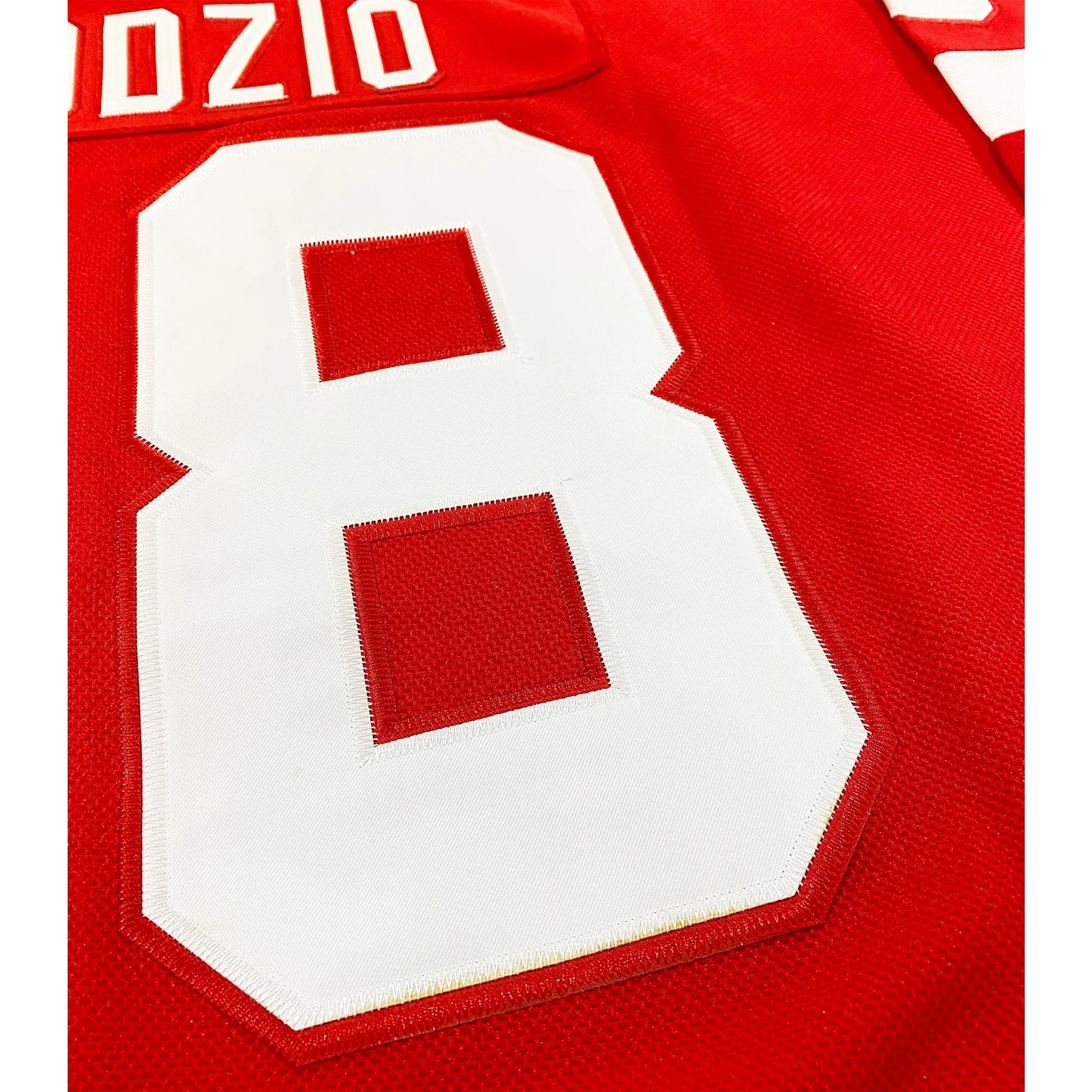 Calgary Cowboys Jersey close-up back #8 in white on red Royal Retros