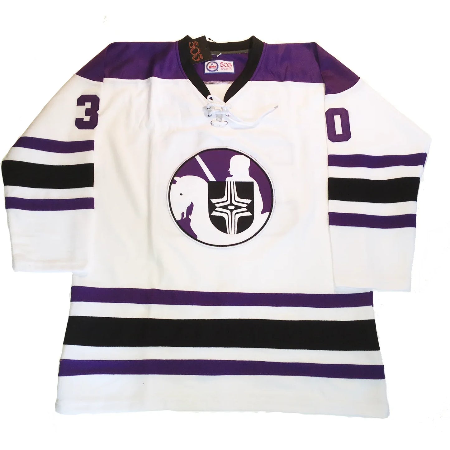 Cleveland Crusaders Jersey white #30 Cheevers. White with purple and balc trim on shoulders, purple, white, black, white, and purple bands on sleeves and waist.Royal RetrosCircular logo with silhouette of knight and horse in white on purple background holding black shield with white markings