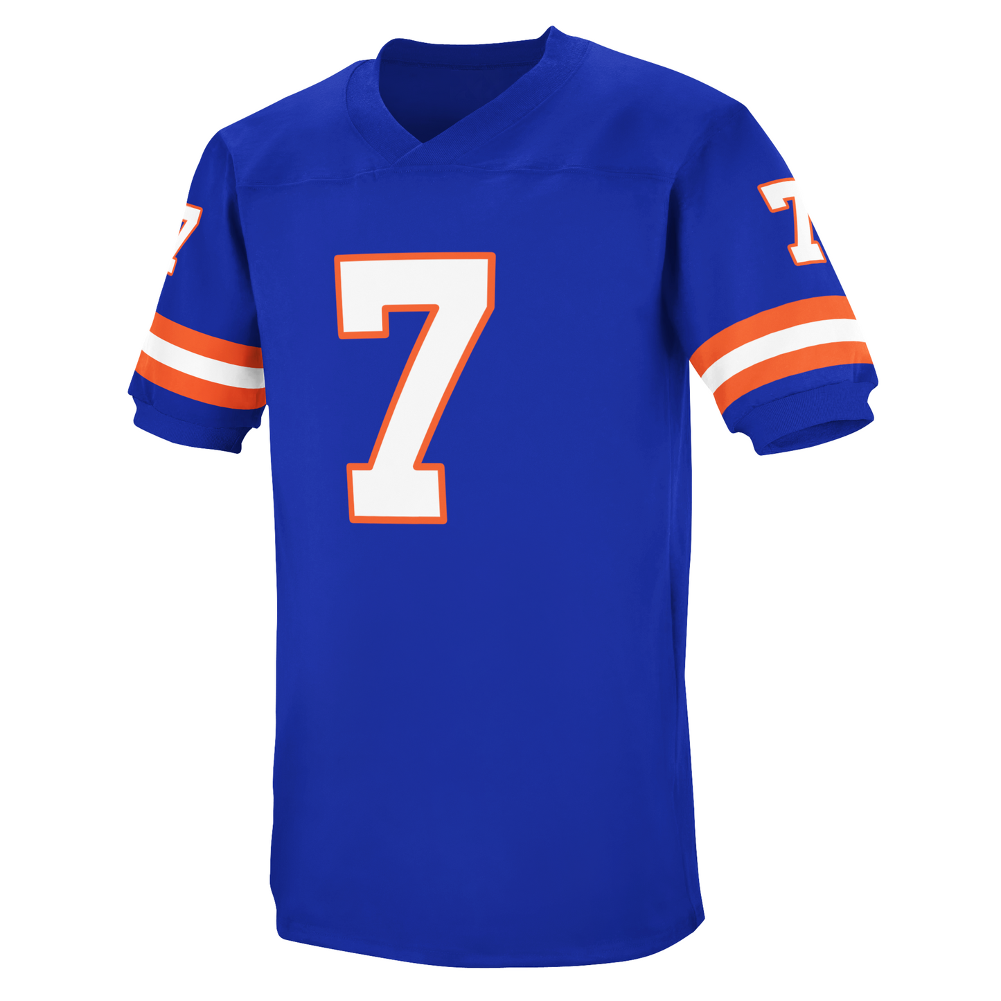 Denver Broncos 1980s jersey. Blue. Orange, white, orange bands just above sleeve ends. #7 in white with orange trim, large on chest, small on shoulders. Royal Retros
