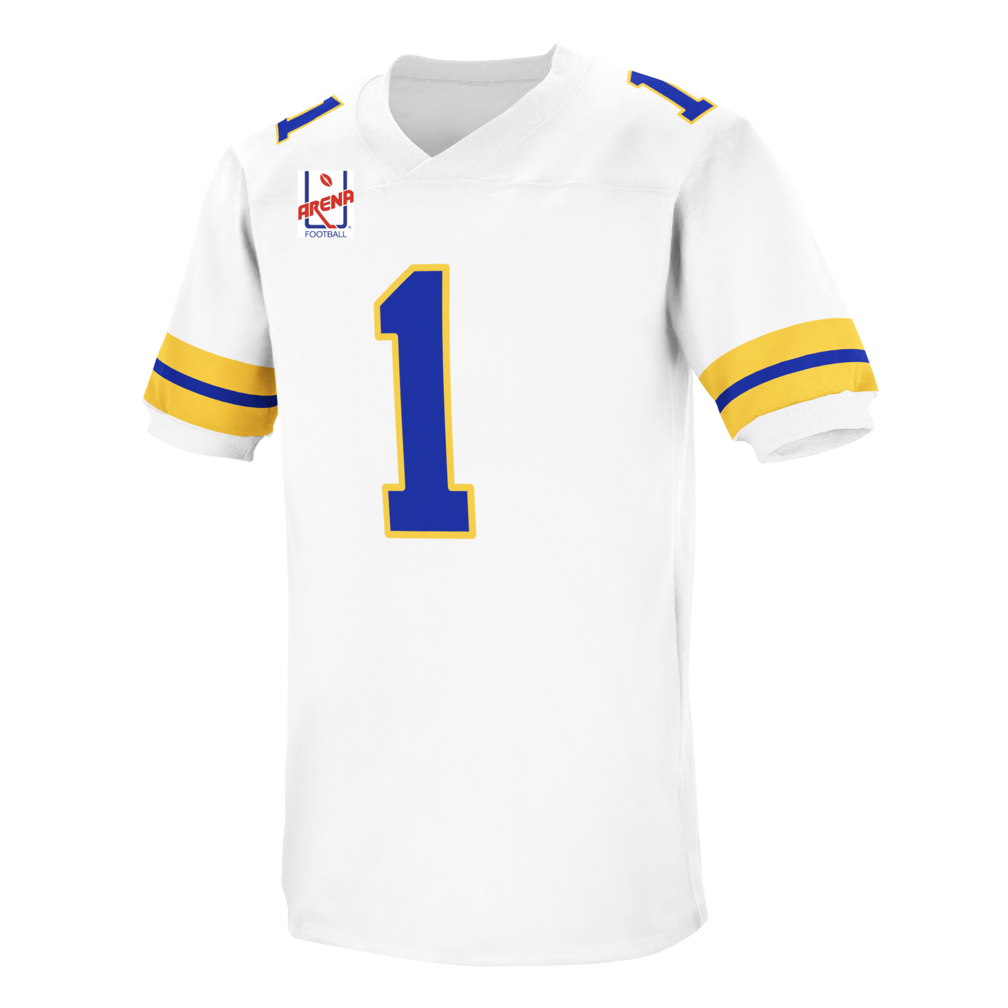 White Denver Dynamite AFL Jersey with blue and gold accents in heavyweight sewn tackle twill
