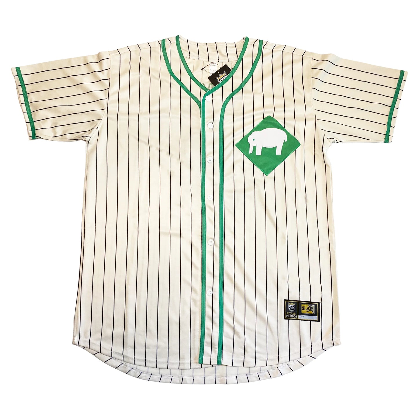 Denver White Elephants negro league button-up jersey. White with black pinstripes. Green trim on sleeve ends, around neck, and down front. Elephants logo, white elephant on green diamond on right upper chest. Royal Retros