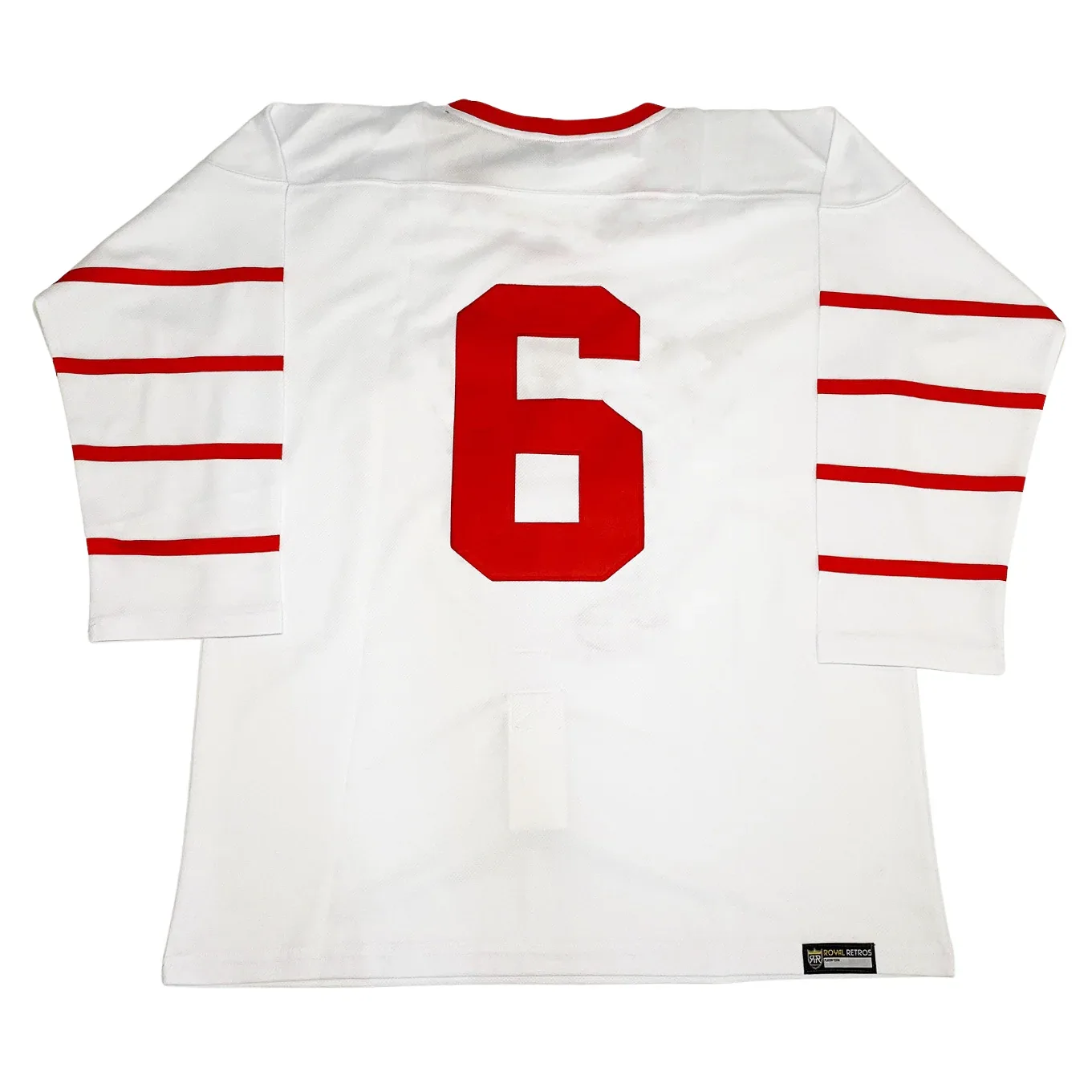 Detroit Cougars Jersey. Red trim on neck. Red #6 in back center. Four red stripes on each sleeve. Royal Retros