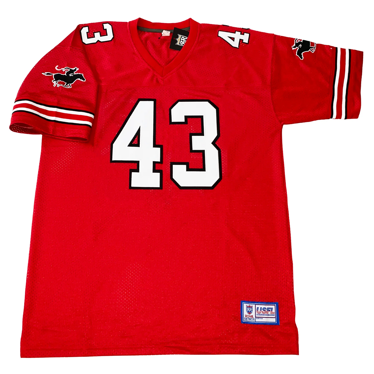 Tampa Bay Bandits USFL Jersey Red. Black, white, red, white, black thin stripes just above sleeve ends. Rider on horse logo black with white trim on shoulders. #43 white with black trim large on chest, small on shoulders. Royal Retros