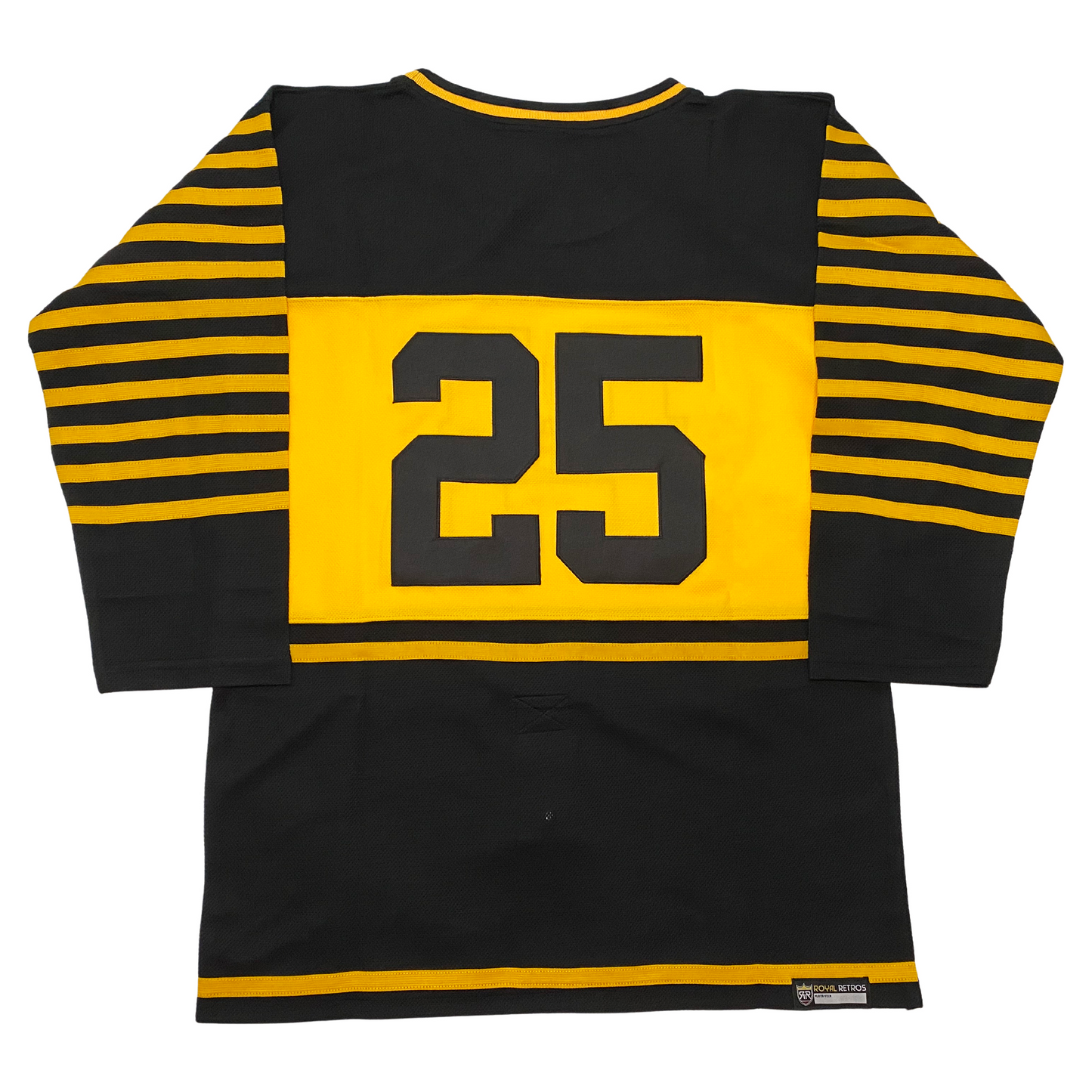 Hamilton Tigers hockey jersey. Black. Yellow collar. Yellow strip around waist. Eleven yellow stripes on sleeves. Yellow rectangle large on back. #25 in black, inside. One yellow stripe below. Royal Retros.