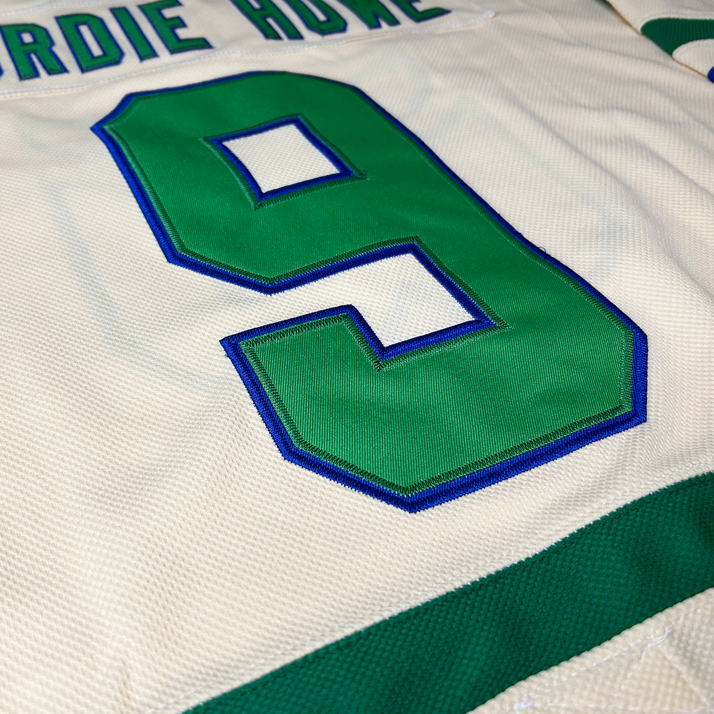 New England Whalers Cream jersey close-up Royal Retros