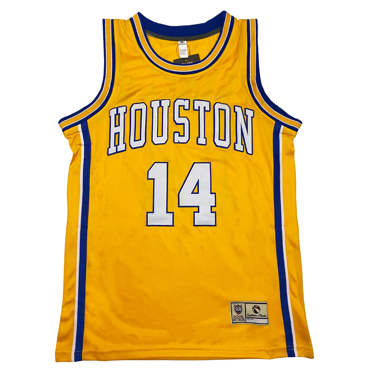 Houston Mavericks Jersey. Gold. Blue and white striped trim at the collar and armholes with matching side panels. "HOUSTON" arched across chest in white with blue outline, number 14 below.