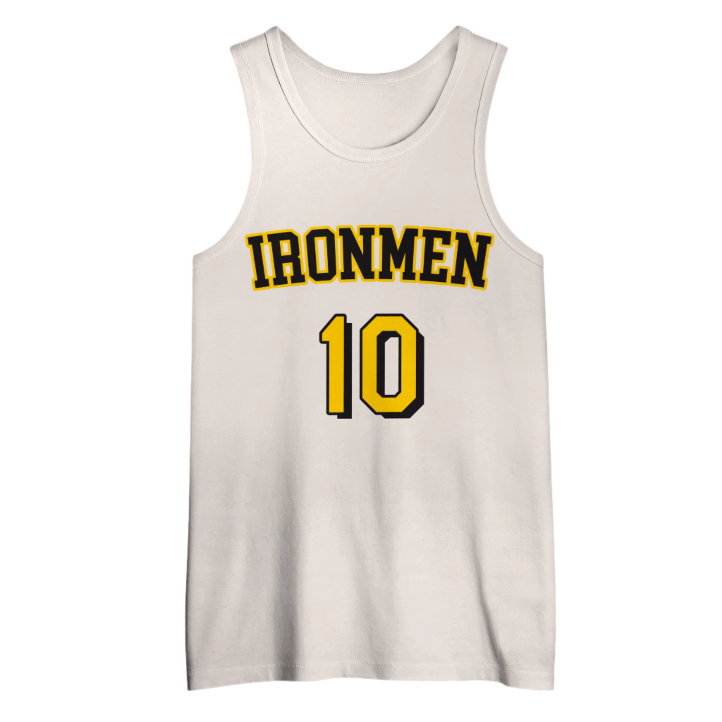 White tank top featuring IRONMEN 10 on a Pittsburgh Ironmen Jersey, heavyweight sewn tackle