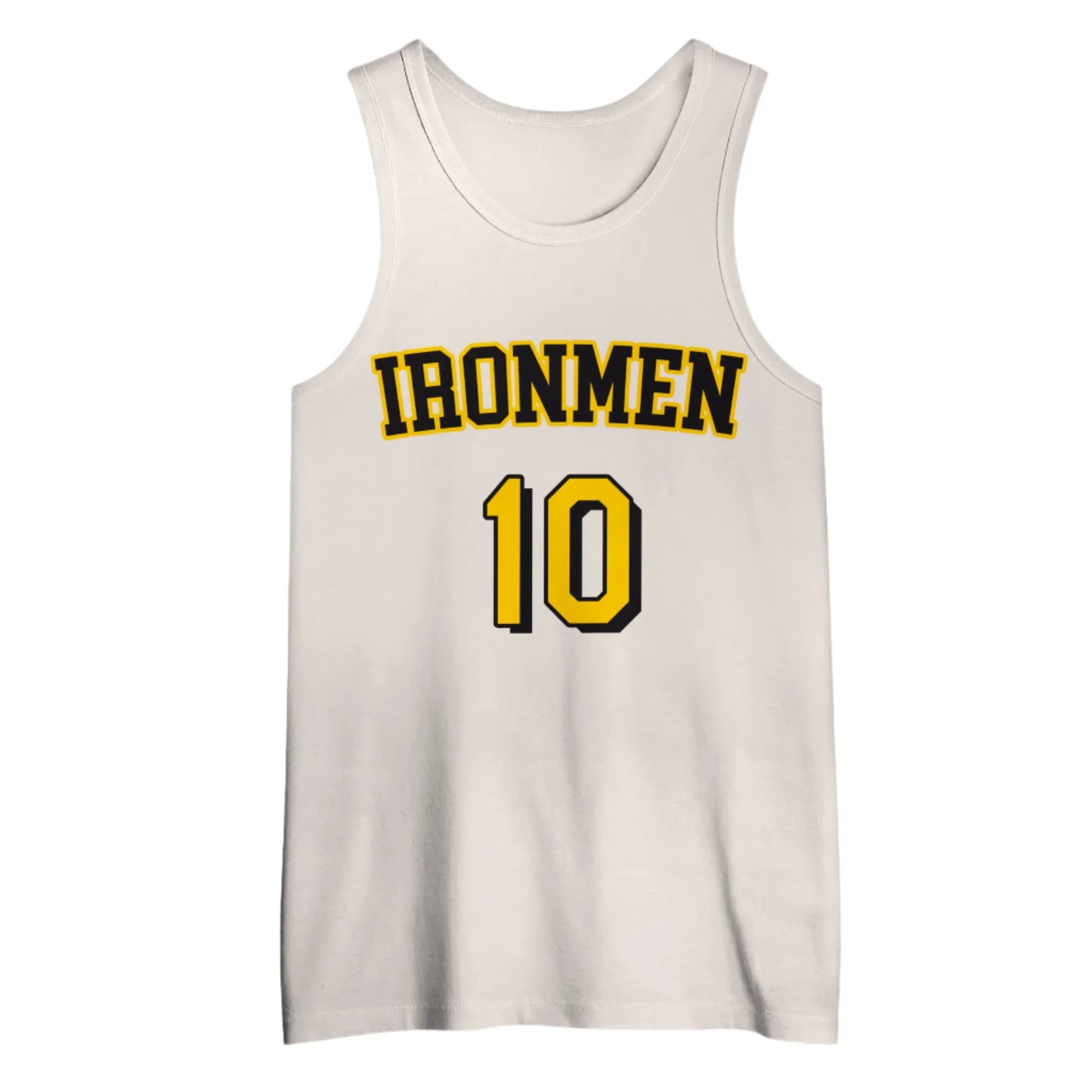 White tank top featuring IRONMEN 10 on a Pittsburgh Ironmen Jersey, heavyweight sewn tackle