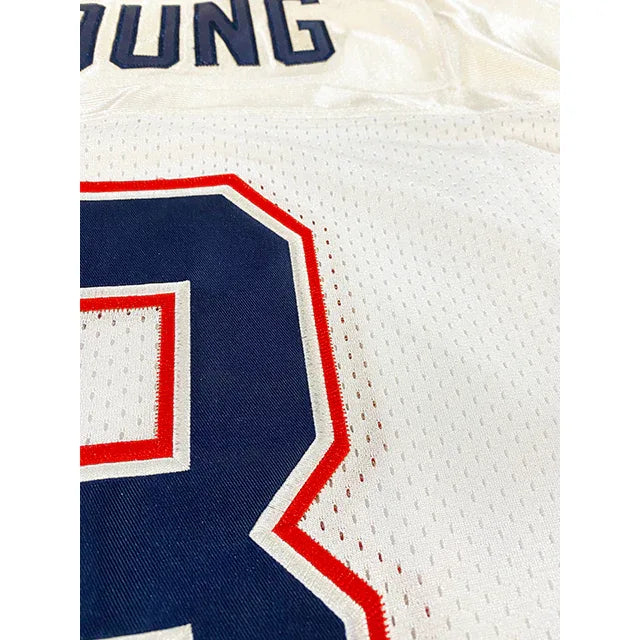1985 LA Express USFL Jersey white, close-up of blue lettering and number. Royal Retros