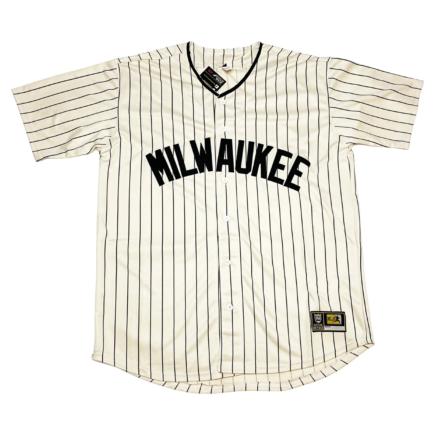 milwaukee bears negro leagues button-up baseball jersey brewers. Cream with black collar. Black pinstripes. MILWAUKEE in think block letters in navy arched across chest. Royal Retros