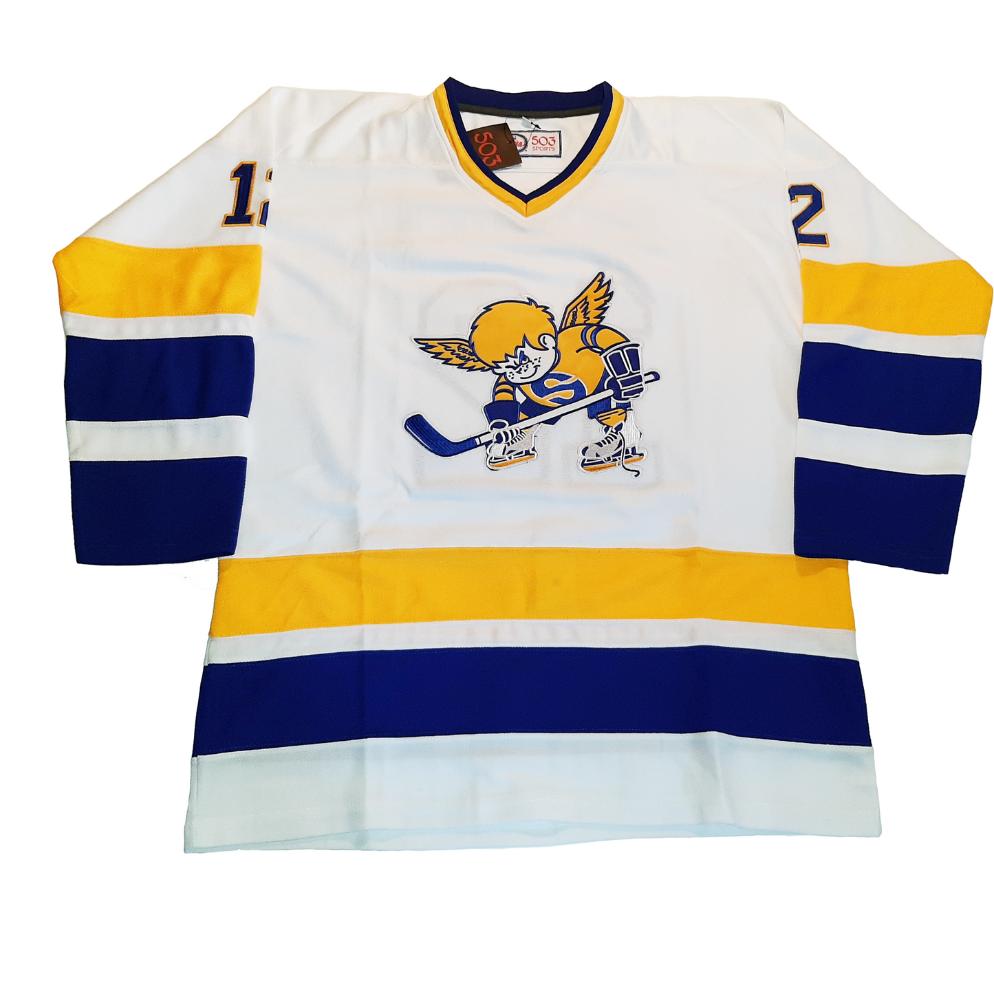 Original Minnesota Fighting Saints Jersey White. Large gold, small white, large blue, small white, large blue bands on sleeves and waist. Saint skater logo on chest. #12 blue with gold trim on shoulders. Royal Retros