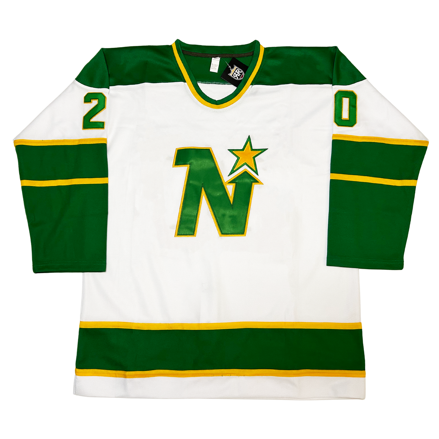 1970's Minnesota North Stars Jersey white with green and yellow trim on the neck, sleeves, and waist. Green shoulders and sleeves. Green N trimmed in gold with gold star trimmed in green above. Royal Retros