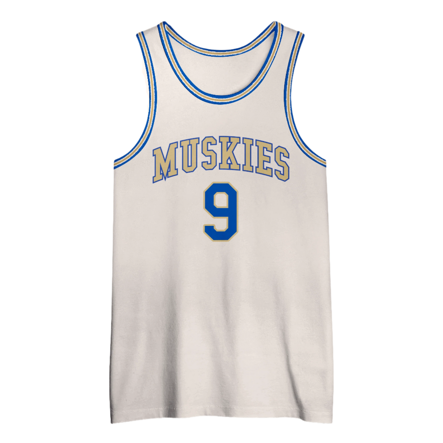White Minnesota Muskies Jersey with blue trim, celebrating Famer Jim Pollard and championships