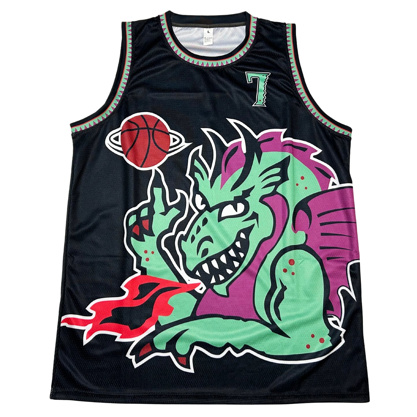 New Jersey Swamp Dragons proposed basketball jersey black. Large green and purple dragon spinning a basketball. #7 in green with black and white trim on left chest. Jagged green and purple trim on shoulders and neck. Royal Retros