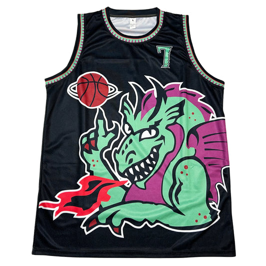 New Jersey Swamp Dragons proposed basketball jersey black. Large green and purple dragon spinning a basketball. #7 in green with black and white trim on left chest. Jagged green and purple trim on shoulders and neck. Royal Retros