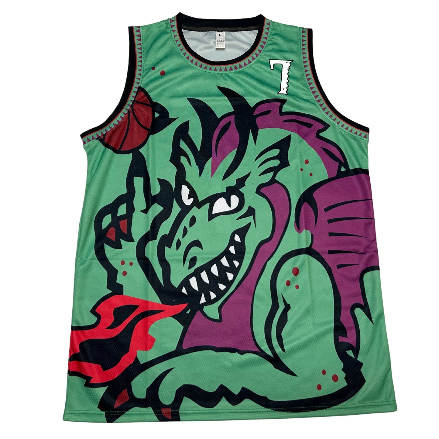 New Jersey Dragons proposed basketball jersey green. Large green and purple dragon spinning a basketball. #7 in white with black and white trim on left chest. Jagged green and purple trim on shoulders and neck. Royal Retro
