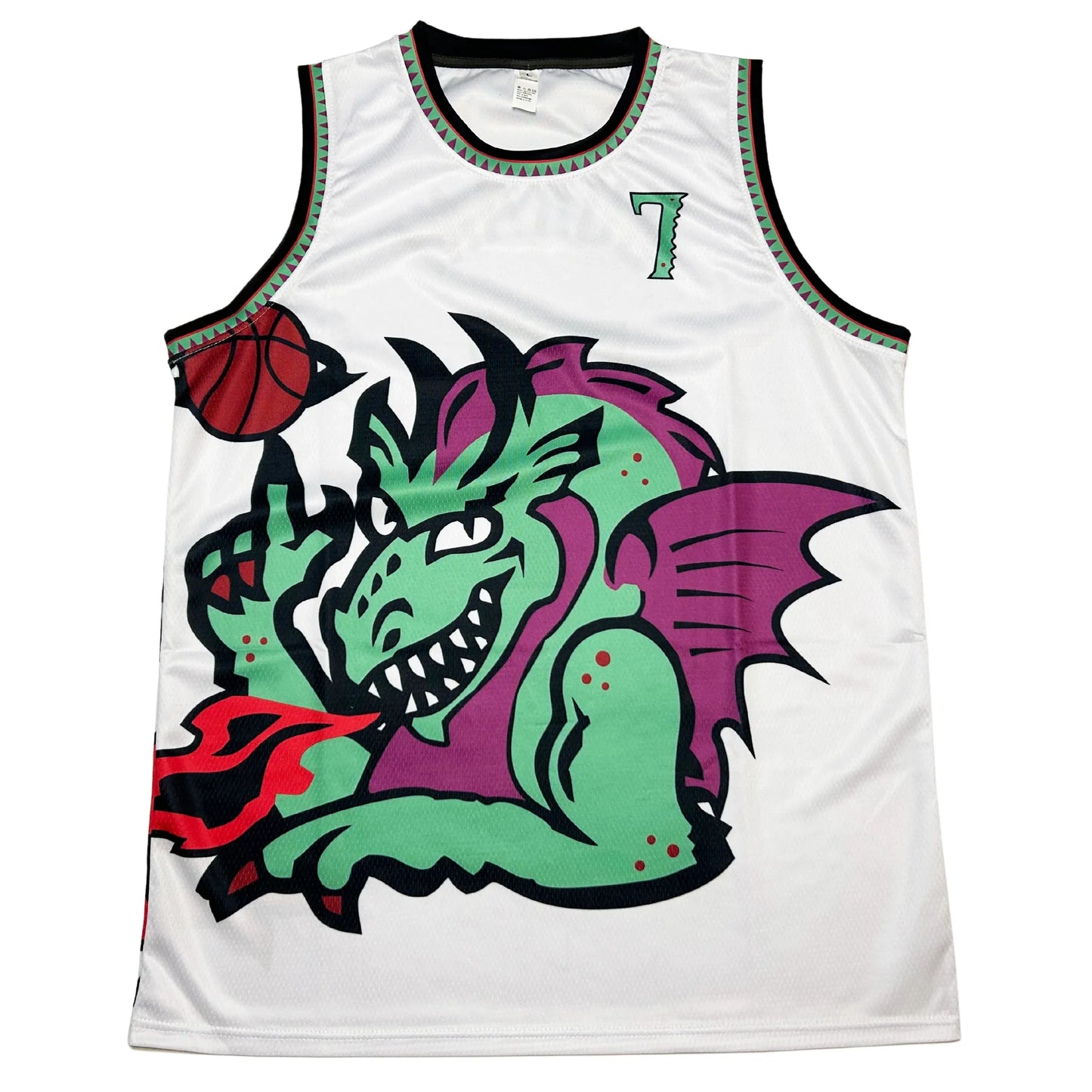 New Jersey Dragons proposed basketball jersey white. Large green and purple dragon with black shadow spinning a basketball. #7 in green with jagged purple and green trim on left chest. Jagged green and purple trim with black edging on shoulders and neck. Royal Retros