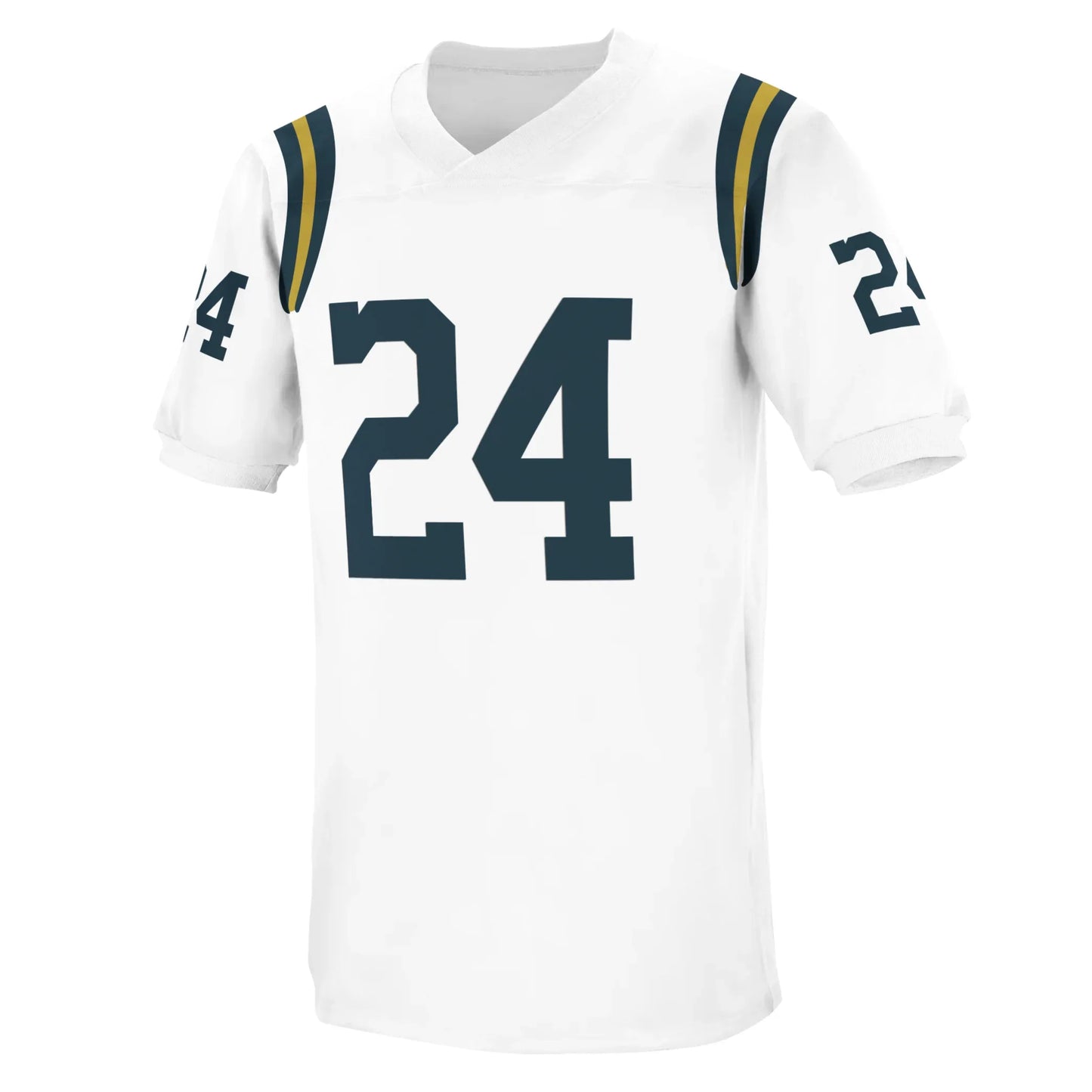 New York Titans jersey white. Blue gold and blue bands at shoulders. #24 in navy large on chest, small on sleeves. Royal Retros