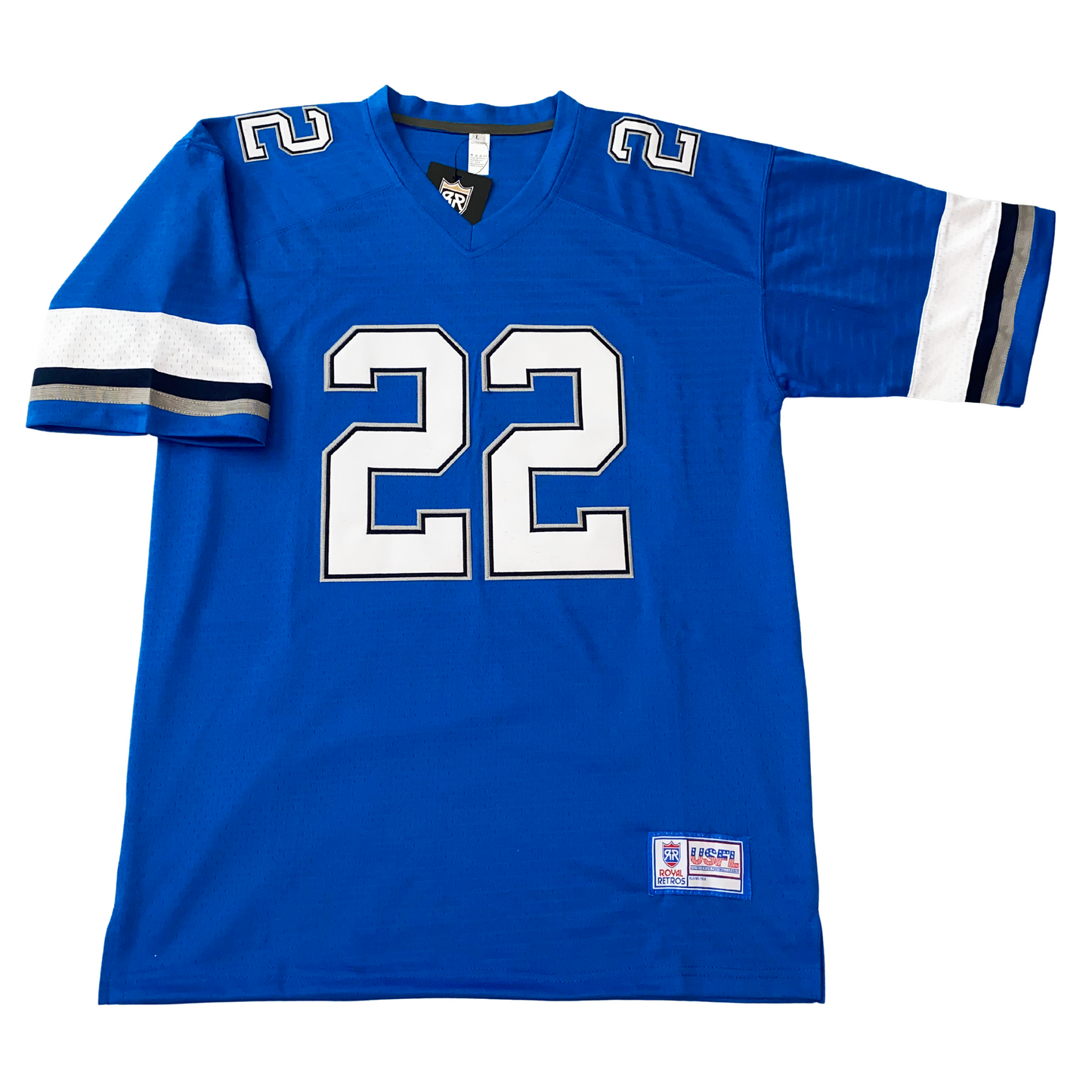 USFL Boston-New Orleans-Portland Breakers USFL Jersey blue. Large white band, small blue band, small, silver band, just above sleeve ends. #22 white with blue trim, large on chest, small on shoulders. Royal Retros