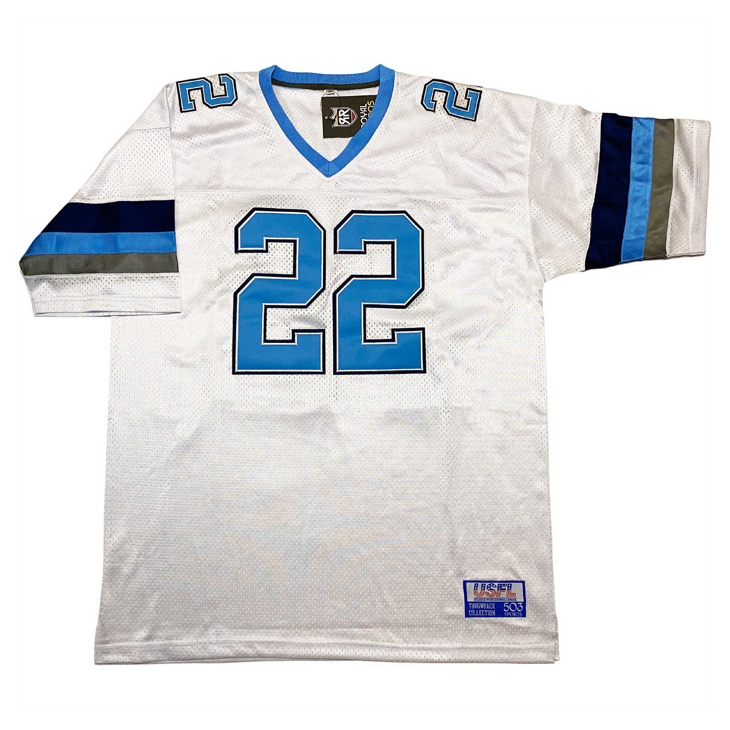 USFL Boston-New Orleans-Portland Breakers USFL Jersey white. Large dark blue band, small light blue band, small silver band, just above sleeve ends. #22light blue with dark blue trim, large on chest, small on shoulders. Light blue collar. Royal Retros