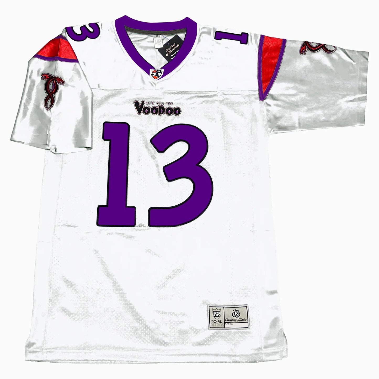 New Orleans VooDoo Arena Football League jersey white. Purple trim on neck. Red and purple trim on shoulders. #13 in purple large on chest, small on shoulders. Stylized New Orleans VooDoo above numbers. Royal Retros