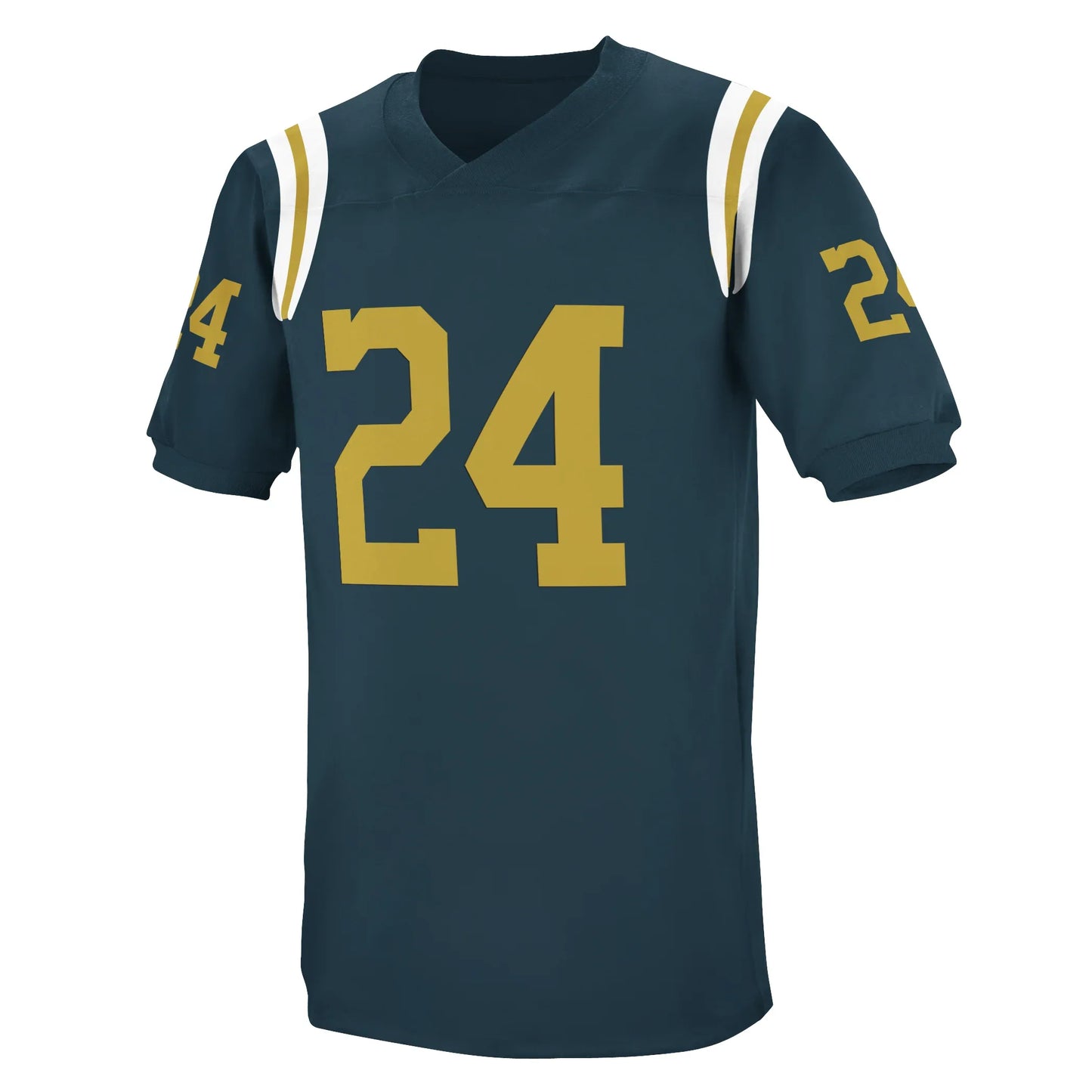 New York Titans jersey. Navy blue. White gold and white bands at shoulders. #24 large on chest, small on sleeves. Royal Retros