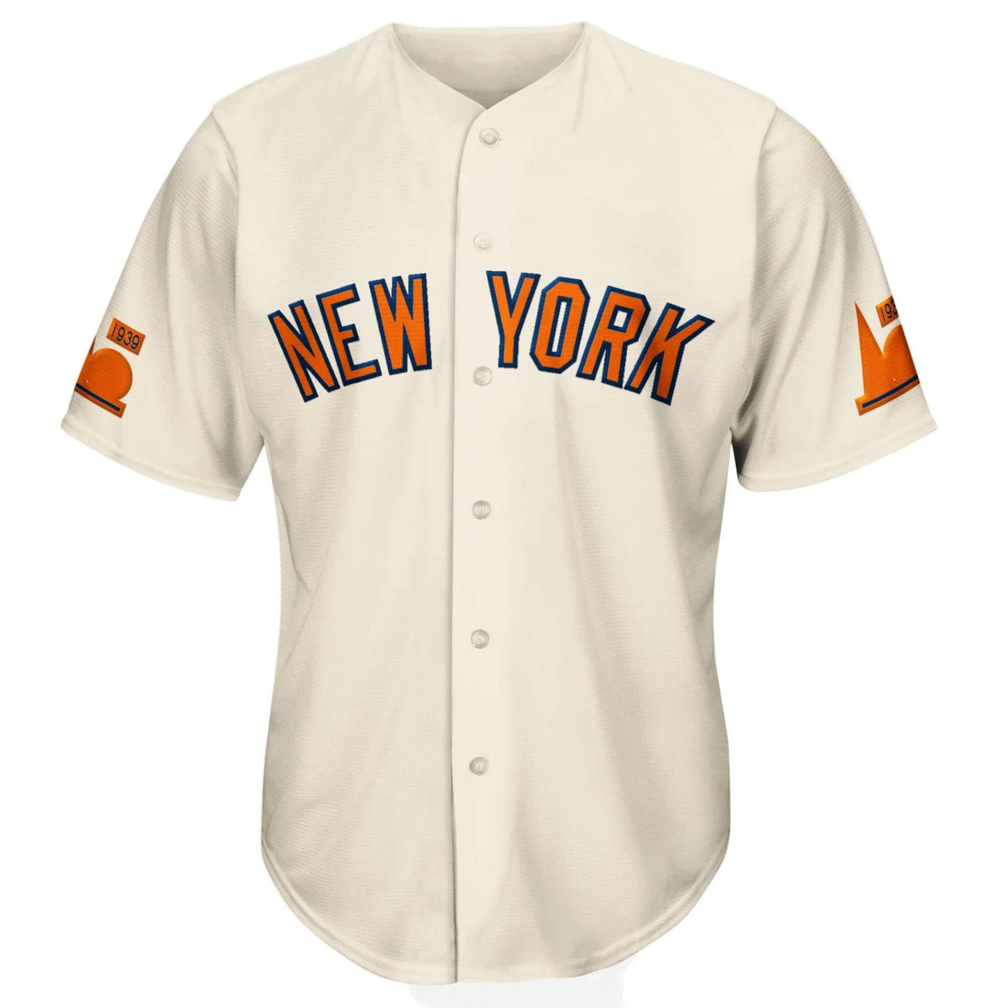 Cream-colored baseball jersey with orange lettering from York Regional Collection, sewn tackle twill