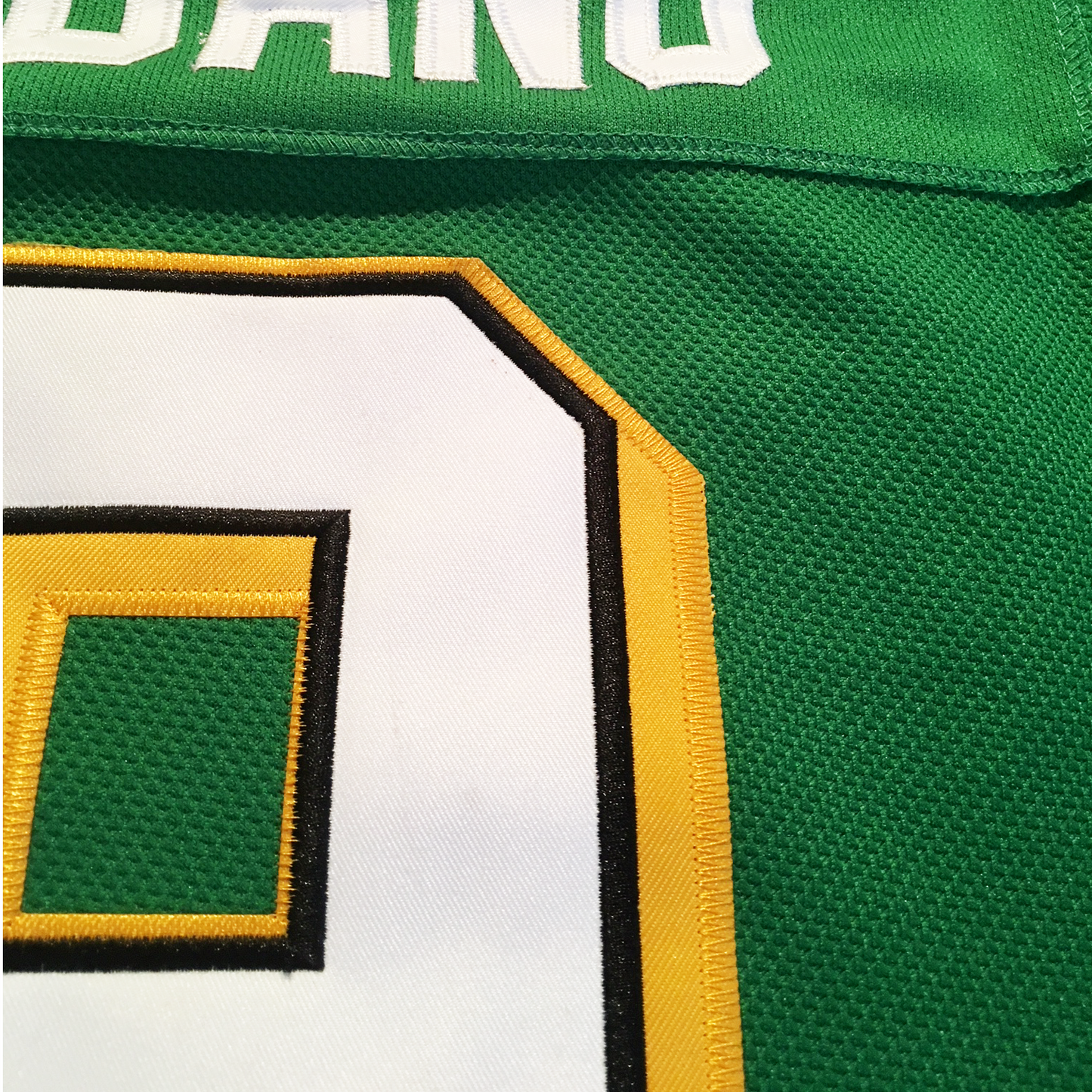 Minnesota North Stars Jersey Close-up of white number with black trim and gold shadow, back green name and number stitching. Royal Retros