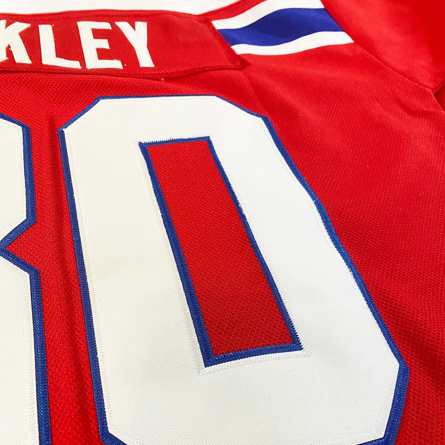 Ottawa Nationals hockey Jersey red close-up #30 white with blue trim on red Royal Retros