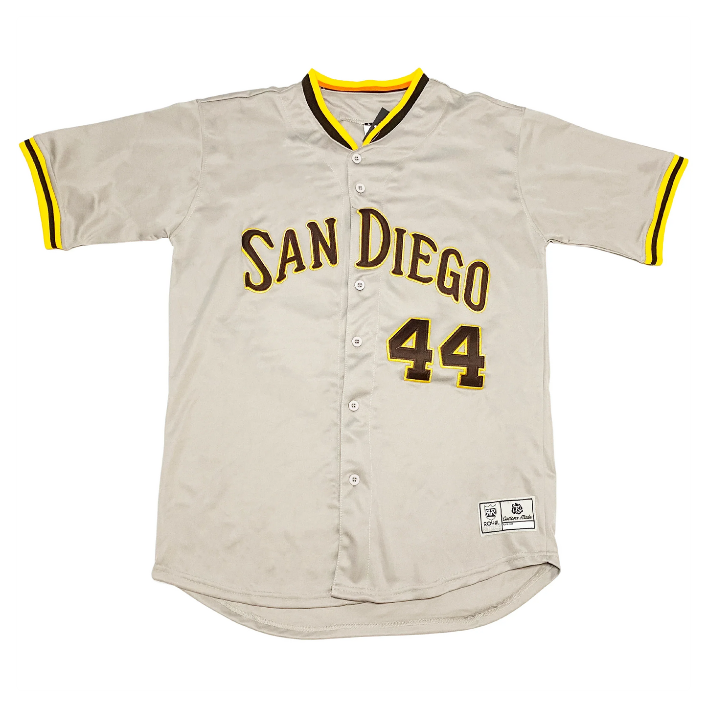 San Diego baseball jersey white with brown and mustard trim on collar and sleeves. San Diego in brown with mustard trim, #44 in brown on left lower chest in brown with mustard trim Royal Retros