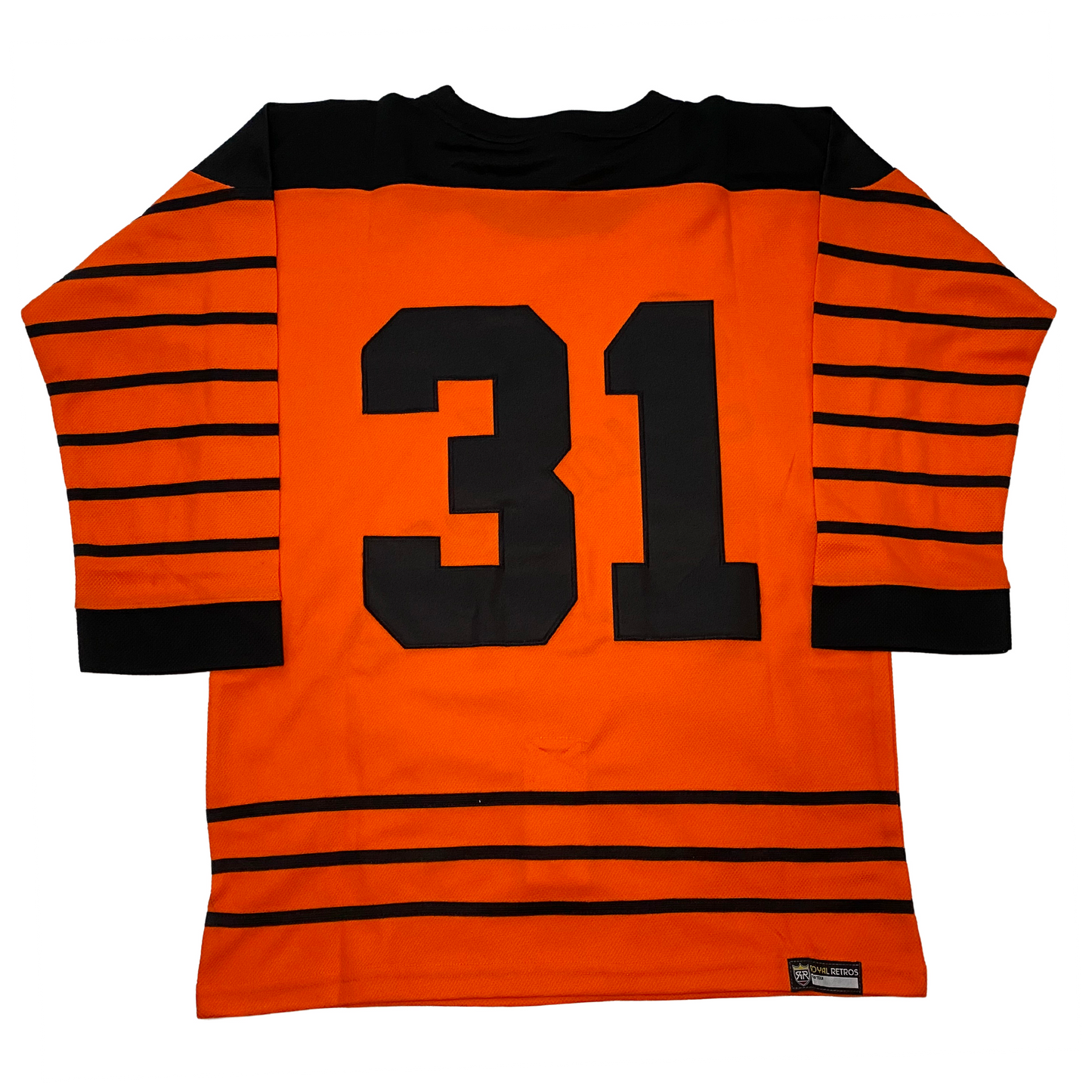 Philadelphia Quakers Jersey orange. Black shoulders. Black stripes on sleeves and waist. #31 in black on back center. Royal Retros.