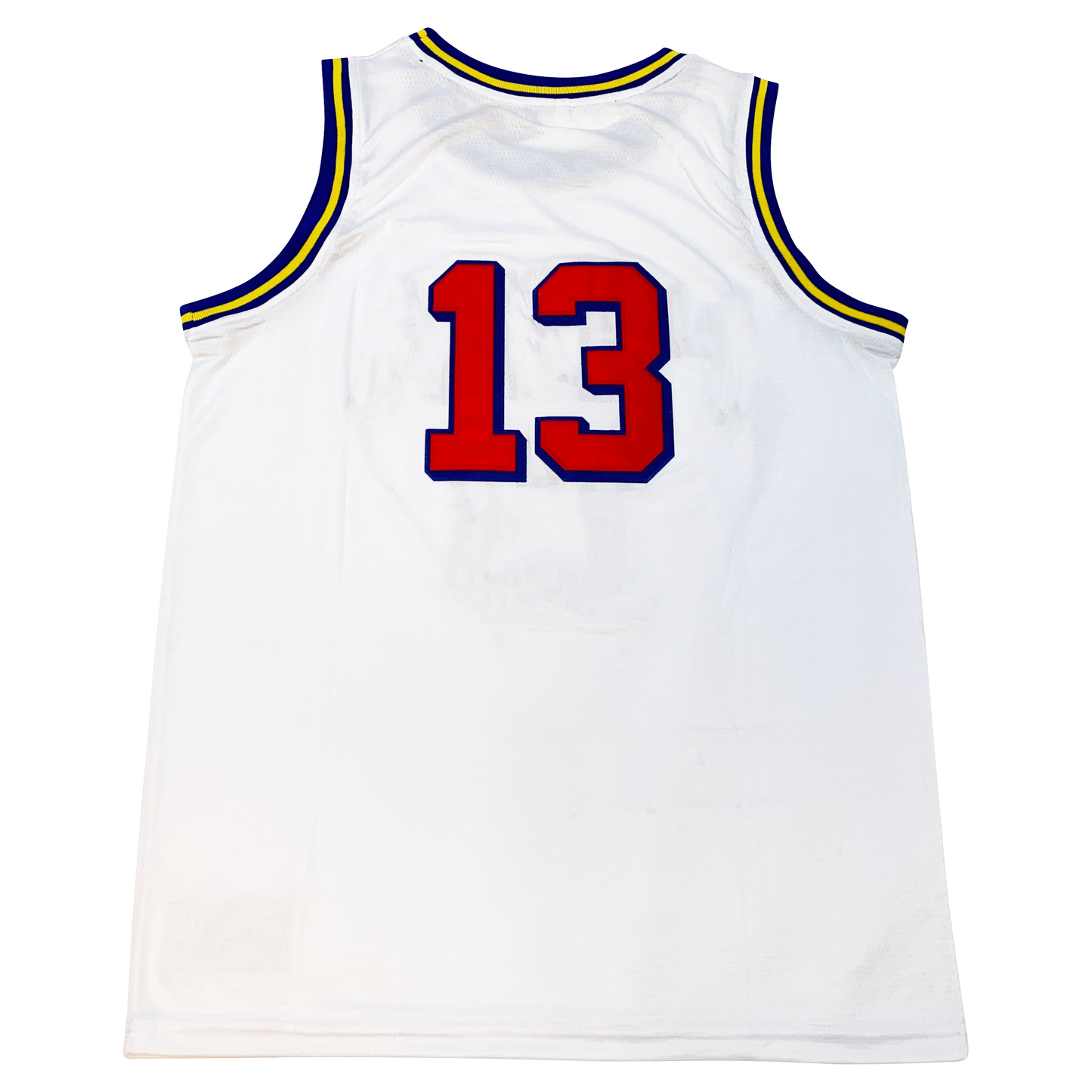 Philadelphia Warriors jersey white. Back. Blue gold and blue trim around shoulders and neck. #13 red with blue trim center back. Royal Retros