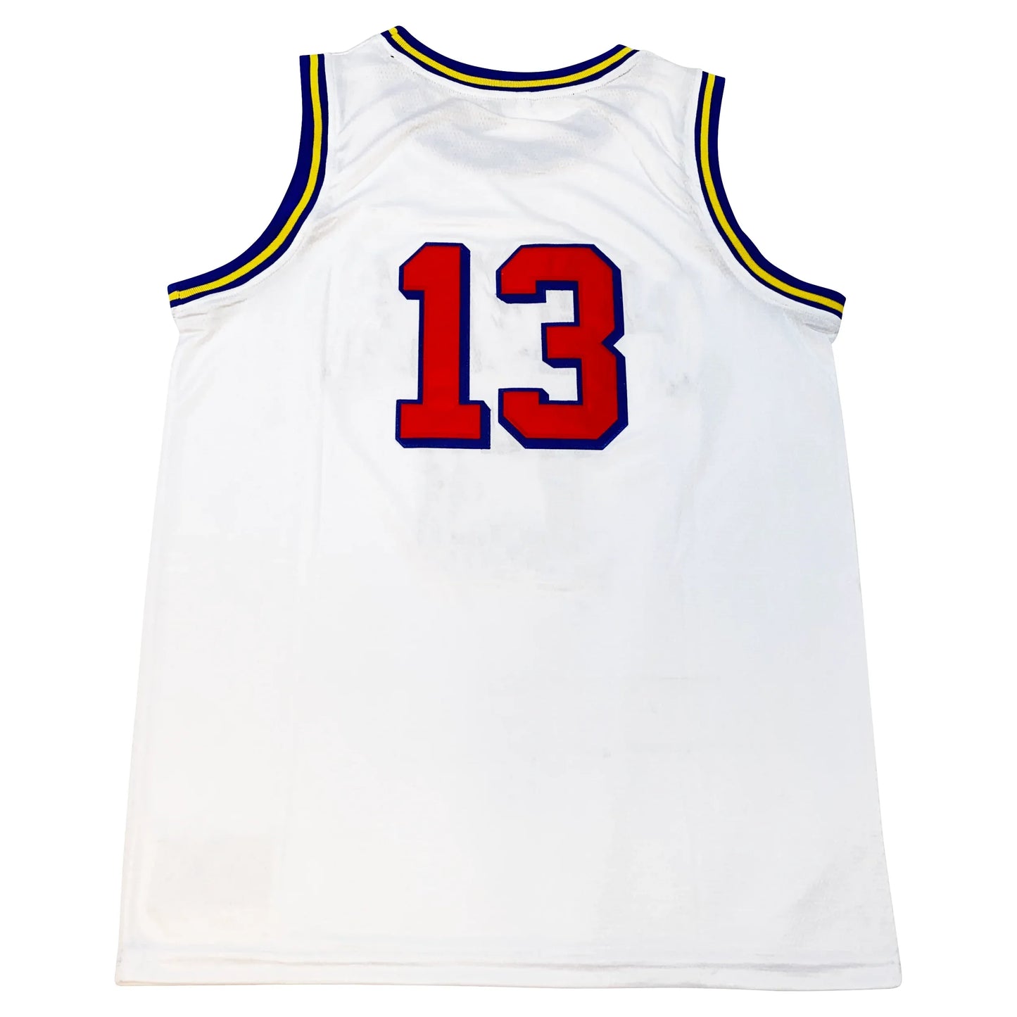 Philadelphia Warriors jersey white. Back. Blue gold and blue trim around shoulders and neck. #13 red with blue trim center back. Royal Retros