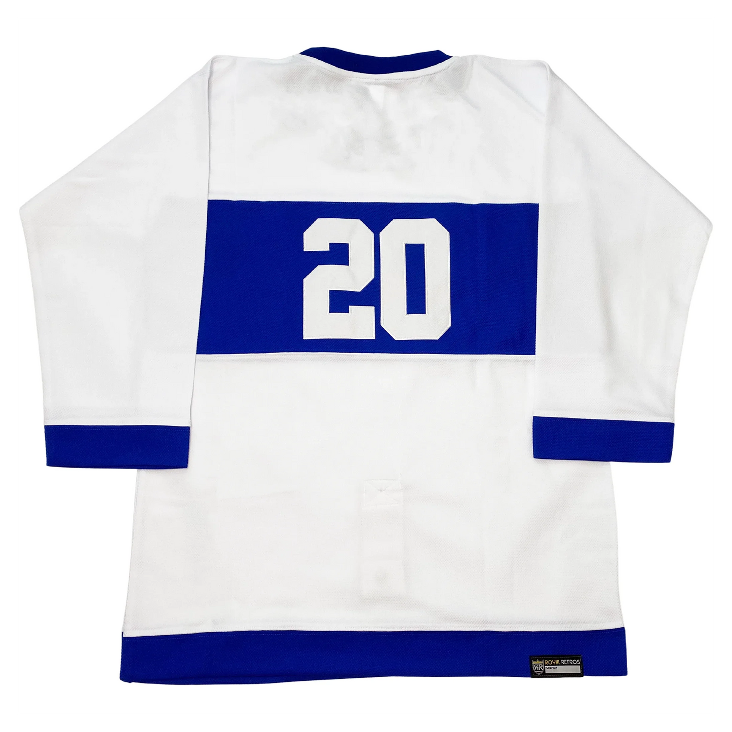 Quebec Bulldogs Jersey white back; #20 in white inside blue rectangle on back. Blue collar, sleeve ends and waist. Royal Retros