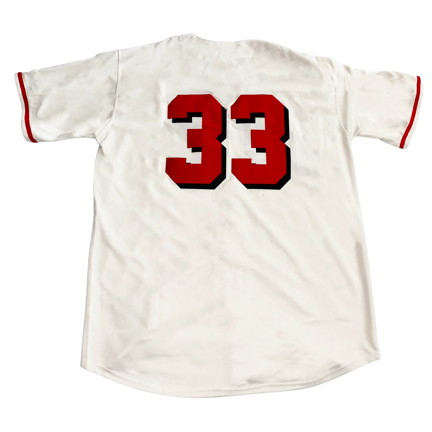 Seattle Rainiers jersey white. Back. Red trim on sleeve ends. #33 on back in red with black shadow trim. Royal Retros